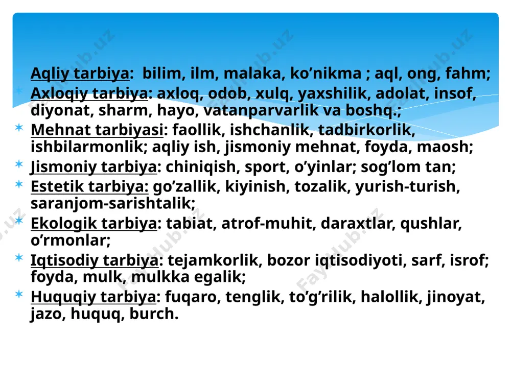 i sinfda ham ayni bir narsa, masalan, do’stlik, ahillik, vatanparvarlik va boshqalarni tarbiyalash ko’zda tutiladi. tarbiyaning yana bir xususiyati shundaki, bu jarayon ikki tomonlama xususiyatga ega bo’lib, unda bolaning o’zi ham faol ishtirok etadi. tarbiyada qarama-qarshiliklarning ko’pligi yana bir xususiyatdir. bu qarama-qarshiliklar bolalarda o’z tushunchalariga muvofiq dastlabki paydo bo’lgan sifatlar bilan tarbiyachi tomonidan tarkib toptirilayotgan sifatlar o’rtasida o’quvchilarga qo’yilgan talablar bilan uni bajarish imkoniyatlari o’rtasidagi kurashlarda namoyon bo’ladi. tarbiyaning ma’lum maqsadga qaratilganlik qoidasi. tarbiyadan ko’zlangan asosiy maqsad har tomonlama ma’naviy rivojlangan aqliy va axloqiy barkamol shaxsni shakllantirishdan iborat. tarbiyaviy ish ma’lum maqsadni ko’zlovchi va uzluksiz davom etadigan jarayondir. tarbiyaning ma’lum maqsadga qaratilganligi qoidasi bolalar jamoasining rivojlanish istiqbollarini ko’ra bilishga yordam beradi. tarbiyada insonparvarlik va demokratiya qoidasi. o’qituvchining bilim saviyasi ma’naviyati jamiyatni harakatga keltiruvchi, taraqqiyotgga eltuvchi yetakchi omillardan biridir. yoshlarni insoniy fazilatlar ruhida tarbiyalashda qur’oni karim, hadisi shariflardan foydalanish juda muhim. tarbiyada inson shaxsini oliy ijtimoiy qadriyat deb tan olish, har …