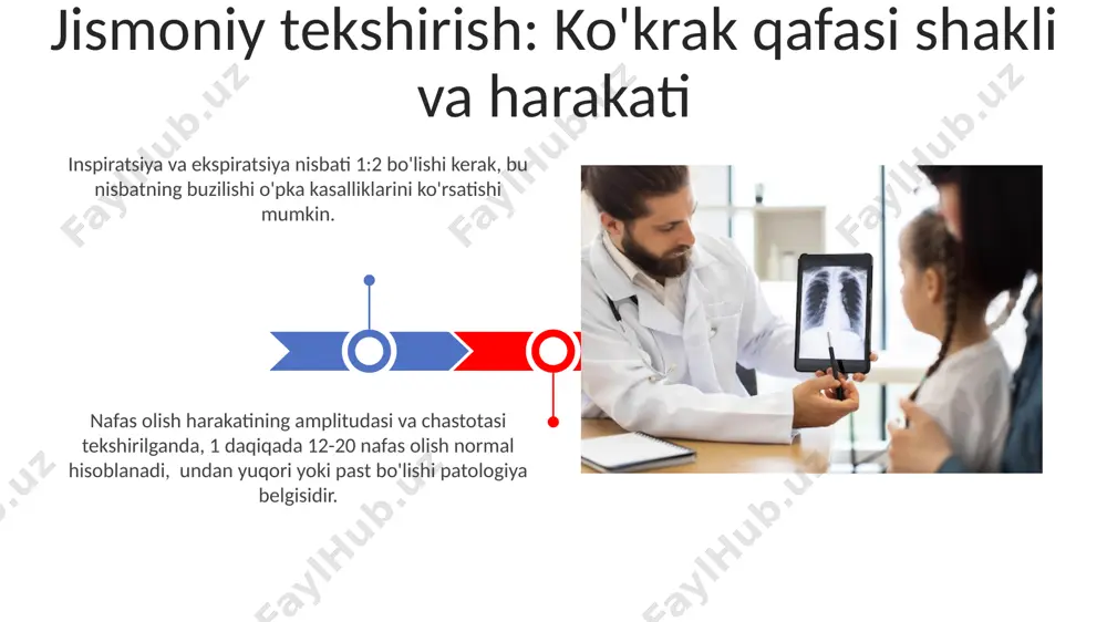 ashga imkon beradi va taxminan 6-7 sm ga teng bo'lishi kerak. bu normal nafas olish hajmini ko'rsatadi. jismoniy tekshirish: perkussiya qo'shimcha tekshiruv usullari: spirometr tekshiruv natijalari, masalan, fev1 qiymati 80% dan past bo'lsa, o'pka ventilyatsiyasining buzilishini ko'rsatadi va qo'shimcha tekshiruvlarni talab qiladi, shu jumladan bronxoskopiya yoki rentgen tekshiruvini o'z ichiga olishi mumkin. spirometr tekshiruvi oddiy, tez va arzon bo'lib, bemorga minimal noqulaylik tug'diradi, ammo testdan oldin bemorga to'g'ri nafas olish texnikasi haqida tushuntirish berish muhim, chunki noto'g'ri natijalar olinishi mumkin. qo'shimcha tekshiruv usullari: qon gazlari tahlili qon gazlari tahlili arterial qon namunasi yordamida o'tkaziladi va ph, pao2 (arterial qon kislorod bosimi), paco2 (arterial qon karbonat angidrid bosimi) va bikarbonat kabi muhim parametrlarni aniqlaydi. qon gazlari tahlili nafas olish tizimining turli kasalliklarini, masalan, surunkali obstruktiv o'pka kasalligi (sook) yoki pnevmoniya kabi kasalliklarni tashxislash va og'irligini baholashda yordam beradi va davolash samaradorligini kuzatishda ishlatiladi. qo'shimcha tekshiruv usullari: arterial qon gazlari tahlili arterial …
