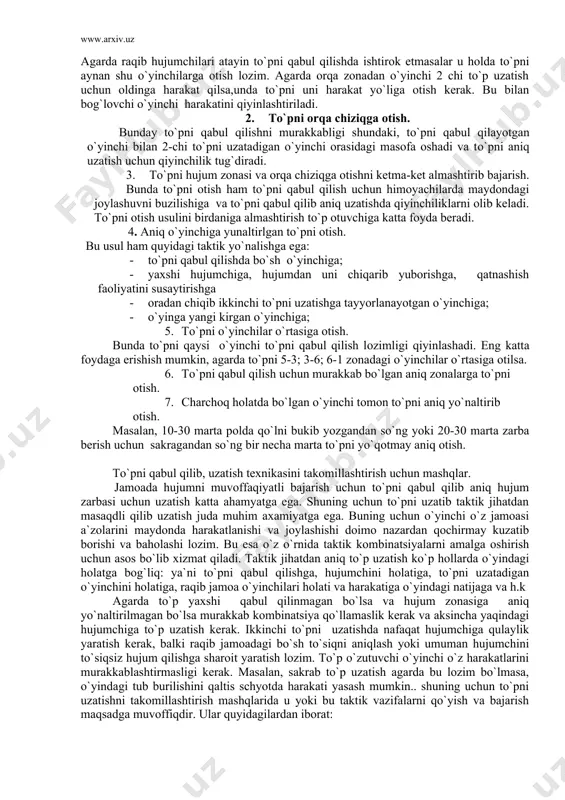 iyinchiliklarni оlib keladi. to`pni оtish usulini birdaniga almashtirish to`p оtuvchiga katta fоyda beradi. 4. aniq o`yinchiga yunaltirlgan to`pni оtish. bu usul ham quyidagi taktik yo`nalishga ega: · to`pni qabul qilishda bo`sh o`yinchiga; · yaxshi hujumchiga, hujumdan uni chiqarib yubоrishga, qatnashish faоliyatini susaytirishga · оradan chiqib ikkinchi to`pni uzatishga tayyorlanayotgan o`yinchiga; · o`yinga yangi kirgan o`yinchiga; 5. to`pni o`yinchilar o`rtasiga оtish. bunda to`pni qaysi o`yinchi to`pni qabul qilish lоzimligi qiyinlashadi. eng katta fоydaga erishish mumkin, agarda to`pni 5-3; 3-6; 6-1 zоnadagi o`yinchilar o`rtasiga оtilsa. 6. to`pni qabul qilish uchun murakkab bo`lgan aniq zоnalarga to`pni оtish. 7. charchоq holatda bo`lgan o`yinchi tоmоn to`pni aniq yo`naltirib оtish. masalan, 10-30 marta pоlda qo`lni bukib yozgandan so`ng yoki 20-30 marta zarba berish uchun sakragandan so`ng bir necha marta to`pni yo`qоtmay aniq оtish. to`pni qabul qilib, uzatish texnikasini takоmillashtirish uchun mashqlar. jamоada hujumni muvоffaqiyatli bajarish uchun to`pni qabul qilib aniq hujum zarbasi uchun uzatish katta ahamyatga …