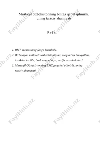 mustaqil o'zbekistonning bmtga qabul qilinishi, uning tarixiy ahamiyati — DOC