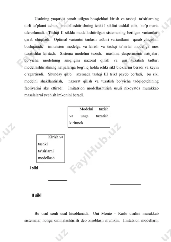 rni modellashtirish masalalari qator harakterli xususiyatlarga ega, bu esa modellashtirishning katta sondagi muammoga yunaltirilgan tillarini ishlab chiqishga olib keldi. bunday tillardan simula, simskript va boshqalarni eslatish zarur. tayanch iboralar. analitik model, bas, imitatsiya, imitatsion model, modellovchi algoritm. adabiyot. 1. gorstko a. b. ««poznakomg’tesg’ s matematicheskim modelirovaniem»« moskva 1971g. 2. lopatnikov l. i. ««populyarnқy ekonomiko – matematicheskiy slovarg’»« moskva 1990g. 3. qaranchuk v. p i dr. ««osnovқ primeneniya evm»« moskva 1988g. 4. makarov v. l. «« modeli i kompg’yuteri v ekonomike»« izdatelstvo ««znanie»« moskva 1979g. seriya ««matematika i kibernetika»« №5, 1979g. i sikl ii sikl