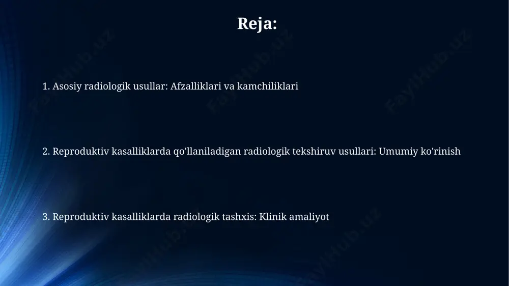 sterosalpingoqrafiya (hsg) bepushtlikni baholashda muhim ahamiyatga ega, chunki u fallop naychalarining o'tkazuvchanligini tekshiradi va bachadon anomaliyalarini aniqlashga yordam beradi. mrt (magnit-rezonans tomografiya) bachadon miomalari, endometrioz va boshqa tos a'zolarining chuqur patologiyalarini baholashda yuqori aniqlik beradi, jarrohlikni rejalashtirishga yordam beradi. ginekologik ultratovush tekshiruvi, masalan, transvaginal utt, bachadon, tuxumdonlar va fallop naychalarini baholashda muhim rol o'ynaydi, patologiyalarni aniqlash imkonini beradi. xulosa xulosa ultratovush tekshiruvi, gistosalpingografiya va mri kabi radiologik tekshiruvlarning kombinatsiyasi reproduktiv kasalliklarni aniqlash va davolashning muvaffaqiyatini sezilarli darajada oshiradi. radiologik ma'lumotlarning 3d rekonstruksiyasi jarrohlik rejalashtirish uchun aniq vizualizatsiyani ta'minlaydi va operatsiyaning invazivligini kamaytirishga yordam beradi, shu bilan birga tiklanish vaqtini qisqartiradi. kelajakdagi tadqiqotlar radiomika va sun'iy intellektga e'tibor qaratishi kerak, bu esa reproduktiv kasalliklarni 95% aniqlik bilan erta tashxislash va shaxsiy davolash imkoniyatini beradi. nukleer tibbiyot usullari radioaktiv izotoplar bilan belgilangan dori vositalarini qo'llash yordamida o'rganilayotgan organ va to'qimalarda to'planish darajasi aniqlanadi, bu esa tashxis qo'yishda muhim rol o'ynaydi. reproduktiv kasalliklarda …