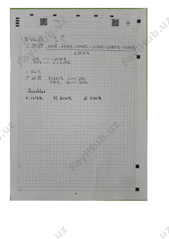 an avlod sonini aniqlang. 43-masala. diploid navli qizil donli (a) uzun poyali (b) aabb genotipli bug'doy tetraploid navli aaaabbbb genotipli bug‘doy tomonidan changlatilganida 72 000 avlod olindi . yuqoridagi ma’lumotlarga asosan quyidagilarni bajaring topshiriq bajarish tartibi : 1 )belgilar va ularni boshqaruvchi genlarni , ota ona genotipi va gameta yozing. 2) pennet katagidagi avlodlar ko’rsatilsin . berilgan ma’lumotlardan foydalangan holda quyidagilarni aniqlang (a-d) a) fenotipik sinflar nisbatini aniqlang b) genotipik sinflar sonini aniqlang c) qizil donli uzun poyali o’simliklar sonini aniqlang? diqqat! mazkur topshiriq kengaytirilgan javobni talab etib, uning yechilish uslubi va barcha arifmetik hisob-kitob amallarini javoblar varaqasida to‘liq aks ettirish talab etiladi. image1.png image2.png image3.png image4.png image5.png