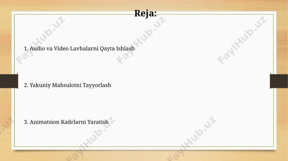 tirish (resizing) kabi amallar, 16:9 yoki 4:3 kabi turli nisbatlarda video formatini o'zgartirish imkonini beradi, bu esa turli ekranlarga moslashtirishga yordam beradi. video fayllarni tahrirlashda, 24 fps (frames per second) standart tezlikda ishlaganda, har sekund uchun 24 ta ramka qo'shish yoki olib tashlash mumkin, bu esa video uzunligini aniq o'zgartirish imkonini beradi. yakuniy natijani taqdim etish audio miksajida 5.1 kanalli ovozdan foydalanish, professional darajadagi tovushni ta'minlab, tomoshabinlarni jalb qiladi. yakuniy video 1080p rezolyutsiyada, 24 fps tezlikda eksport qilinishi kerak, bu sifatli va silliq animatsiyani ta'minlaydi. harakatni modellashtirish harakatni modellashtirishda, "motion capture" (mocap) texnologiyasi yordamida, 120 hz dan yuqori tezlikda tortishuvchi kameralar 3000 dan ortiq marker nuqtalarini kuzatib, real odam harakatlarini raqamli shaklga o'tkazadi. 3d modellashtirishda harakatni aniqlash uchun, "inverse kinematics" (ik) va "forward kinematics" (fk) kabi texnikalar qo'llaniladi, bu esa virtual skeletlarning 150 ga yaqin qo'shimchalarini aniq boshqarishga imkon beradi. kompozitsiya kompozitsiya vositalari yordamida audio treklarni sinxronlashtirish, 5.1 kanalli akustika …