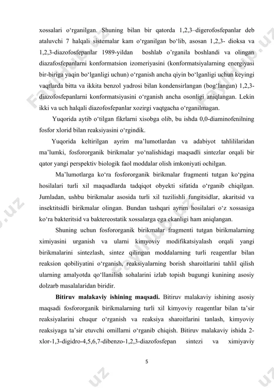 4,5,6,7-dibenzo-1.2.3-diazofosfepan ---36 2.13. 2-oksa-2-etin-1.3 digidro -4,5,6,7-dibenzo-1.2.3-diazofosfepan ---36 2.15. 2-okso-2-(n)-1,3-digidro-4,5,6,7-dibenzo 1.2.3-diazofosfepan ---36 iii-bob. natijalar va ularning muhokamasi 3.1. 0,0- diaminodifenil sintezi ---37 3.2. 2-etoksi-1.3- digidro-4.5.6.7-dibenzo-1.2.3-diazofosfepan ---38 3.3. kimyoviy xossalari ---40 xulosa. ---52 foydalanilgan adabiyotlar. ---53 kirish o‘zbekiston respublikasi vazirlar mahkamasi tomonidan 2001 yil 16 avgustda tasdiqlangan davlat ta’lim standarti, o‘zbekiston respublikasi “ta’lim to‘g‘risid “gi qonuni, “kadrlar tayyorlash milliy dasturi” xalq ta’limi vazirligining buruqlari va boshqa ko‘pgina hujjatlarda bakalavr (magistr) darajasiga va bilim, o‘quv va malakalariga bo‘lgan talablarni to‘liq yoritgan. ushbu hujjatlar bizga ta’lim, iqtisodiyot, fan va texnika taraqqiyoti hamda ijtimoiy sohalarda ilg‘or va dolzarb masalalarni belgilab olishimizga imkon yaratadi. hozirgi davrda sintetik organik kimyoning asosiy masalalaridan biri ekologik jihatdan toza, kam zaharli, kam xarajat talab etadigan, zamon talabiga mos bo‘lgan, jamiyat va davlat ehtiyoji uchun zarur bo‘lgan eng noyob moddalarni sintezlash muammolariga qaratilgan. hozirga kelib sintetik organik kimyo juda ko‘plab zamon talabiga mos bo‘lgan va xalq xo‘jaligining turli tarmoqlarida qo‘llanilish doirasini …