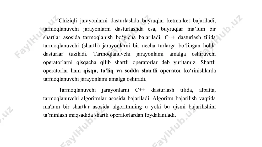 joylashgan blokdan chiqib ketish imkonini beradi. lekin tanlash, sikl buyruqlari ichida break operatoridan foydalanilsa, o‘sha buyruqning o‘zini blok deb tushunadi. break operatori bu operatordan zarurat bo‘lganda dasturning ixtiyoriy joyida foydalanish mumkin. ammo chuqur o'ylamasdan foydalanmaslik tavsiya etiladi. masalan, int main( ) funksiyasi blokida foydalanilsa, break; operatoridan keyingi buyruqlar bajarilmaydi. bu holda break operatori int main( ) funksiyasi blokidan chiqishni ta’minlaydi va natijada dasturni bajarish to'xtatiladi. tanlash operatori dasturlash tillarida algoritmlar dasturini tuzish vaqtida shartlar qiymati ikkitadan ortiq holatlarni e’tiborga olish kerak bo’lgan holatlarda, har bir shart uchun alohida kod yozishga to‘g’ri keladi. agar shartlar soni ko‘p bo‘lgan holatlarda, albatta, tanlash operatorlaridan foydalanish maqsadga muvofiqdir. c++ dasturlash tilida tanlash jarayonlarini if qisqa shartli operator ko‘rinishda ham ifodalash mumkin. bunday holatda, albatta, har bir tanlov uchun shartli kod yoziladi. misol: ranglarni ajratadigan robot faqat ranglarni tartib raqamiga qarab ajratadi. siz robotga ranglarni ajratishga yordam bering(l-oq, 2-qora, 3-qizil, 4-sariq, 5-yashil, 6-ko'k). tanlash operatori …