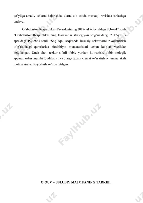 ng tadqiqaviy bilim va ko’nikmalarini, ularning individual imkoniyati va qiziqishlarini oshirishga hamda qo’yilga amaliy ishlarni bajarishda, ularni o’z ustida mustaqil ravishda ishlashga undaydi. o’zbekiston respublikasi prezidentining 2017-yil 7-fevraldagi pq-4947 sonli “o’zbekiston respublikasining harakatlar strategiyasi to’g’risida”gi 2017-yil 1-apreldagi pq-2863-sonli “sog’liqni saqlashda hususiy sektorlarni rivojlantirish to’g’risida”gi qarorlarida biotibbiyot mutaxassislari uchun ko’plab vazifalar belgilangan. unda aholi tezkor sifatli tibbiy yordam ko’rsatish, tibbiy-biologik apparatlardan unumlii foydalanish va ularga texnik xizmat ko’rsatish uchun malakali mutaxassislar tayyorlash ko’zda tutilgan. o’quv – uslubiy majmuaning tarkibi № mundarija bet 1 sillabus.............................................................................................5 2 ma’ruza matni..................................................................................6 3 prezentatsiya……………………………………………………197 4 tarqatma materiallar...................................................................200 5 amaliyot mashg’ulotlari ............................................................205 6 mustaqil ta’lim mavzulari...........................................................253 7 testlar .........................................................................................254 8 baholash mezoni.........................................................................259 9 qo’shimcha materiallar...............................................................260 10 glossariy......................................................................................261 11 foydalanilgan adabiyotlar ro‘yxati.............................................264 ma’ruza matni “tibbiy – biologik axborot tizimlari va tarmoqlari” fanidan 1 - ma`ruza tibbiyotda axborot texnoligiyalari reja: 1. axborot texnologiyalari to’g’risida tushuncha va uning maqsad va vazifalari. 2. tibbiy axborot texnologiyalar