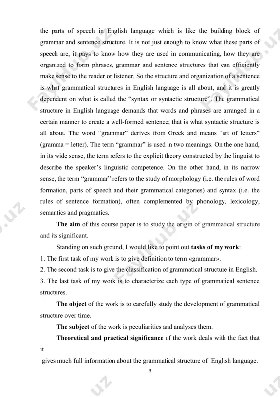 e course paper. chapter i. the cognition of grammatical structure of the english language 1.1. grammar in the systematic conception of language the grammatical structure of language is a system of means used to turn linguistic units into communicative ones, in other words – the units of language into the units of speech. such means are inflexions, affixation, word order, function words and phonological means. indo-european languages are classified into two structural types – synthetic and analytic.[1;30] synthetic languages are defined as ones of ‘internal’ grammar of the word – most of grammatical meanings and grammatical relations of words are expressed with the help of inflexions. analytical languages are those of ‘external’ grammar because most grammatical meanings and grammatical forms are expressed with the help of words (will do). the story of the development of english grammar involves not only the history of the english language but also the history …