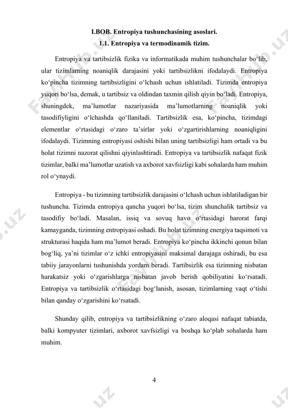 di. bu holat, ko‘pincha, o‘zgarishlar va tarqatilgan energiya bilan bog‘liq bo‘ladi. kimyoviy reaksiyalar orqali entropiyaning o‘sishi, o‘zgargan holatlarni va tizimning yangi tartibini anglatadi. fizika fanida entropiya o‘zgarmas qiymatga ega bo‘lgan sistemalarga, masalan, ideal gazlarga, nisbatan ko‘rsatiladi. u erda entropiyaning o‘zgarishi, ko‘pincha, gazning holati yoki ichki energiyasining o‘zgarishiga bog‘liq. biroq, haqiqiy tizimlarda, masalan, suyuqliklar va qattiq jismlar, entropiya doimiy o‘zgarib turadi, bu esa tizimning harakati va o‘zgaruvchanligi bilan bog‘liq. tartibsizlik tushunchasi esa murakkab tizimlar uchun muhimdir. tizimlarning oddiydan murakkabga o‘tishi jarayonida, ularning elementlari o‘rtasidagi o‘zaro ta’sirlar va dinamika tufayli tartibsizlik ortadi. bunga misol qilib, iqlim o‘zgarishlarini keltirish mumkin, chunki iqlim tizimi o‘zgaruvchan va tartibsizlikni oshirishga moyildir. iqlimning o‘zgarishi va tartibsizligi ko‘plab o‘zgaruvchilarni o‘z ichiga oladi va bu, o‘z navbatida, ma’lumotlar va prognozlar yaratishda murakkabliklarni keltirib chiqaradi. shunday qilib, entropiya va tartibsizlikning o‘zaro ta’siri nafaqat fizik jarayonlarda, balki tabiatdagi murakkab tizimlarda ham ko‘rinadi. bu tushunchalar bizga dunyoni, undan kelib chiqqan jarayonlarni va …