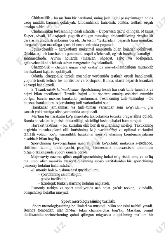 ob qanday bo„lishini tanlashi lozim (masalan, o„ngga – chapga, kuchli – kuchsiz va boshqalar). harakatlanayotgan ob’ektga reaksiya vaqti (masalan, tarelkalarga o„q uzish, harakatlanuvchi nishon va boshqalar) reaksiya vaqtining biror qismi harakatni o„rganishga sarflanishi zarurligidan iborat. kuch - mushak kuchlanishlari yordamida tashqi qarshilikni yengish qobiliyati. sportchining maksimal kuchi (undan yuqori ko„rsata olmaydigan chegaraviy natija) va o‘rtacha kuchi (ayni bir faoliyat turida ko„plab urinishlarning o„rtacha qiymati) farqlanadi. jts amaliyotida ma‟lum ma‟noda kuchning hosilasidan iborat bo„lgan kattaliklar: impuls va kuch gradientidan foydalaniladi. kuch impulsi (i) taqriban kuchning uni yuzaga kelish vaqtiga ko„paytmasi kabi aniqlanadi: i=fꞏt (3.2) bu yerda f – sportchi kuchi; t – kuchning yuzaga kelish vaqti. impuls – zarba paytidagi kuch imkoniyatlarini tavsiflaydi va kuchning minimal ta‟sir vaqti bilan farqlanadi. kuch gradienti (s) quyidagicha aniqlanadi: bu yerda t – kuchning yuzaga kelish vaqti. gradient – sportchi kuchining, ushbu kuchni namoyon bo„lish paytidagi «portlovchi» harakatini tavsiflaydi: gradient qancha katta bo„lsa, «portlash» ham …