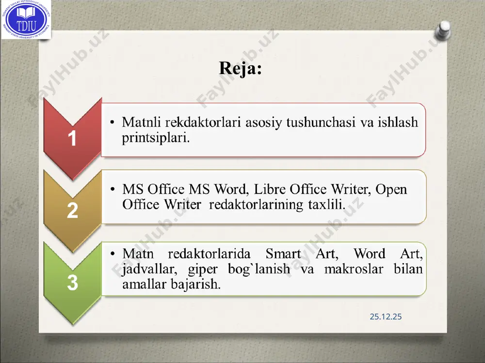 o’zgartirishlarni bajaramiz. biror matnni qidirish, o’zgartirish, nusxa olish saqlash vazifalarini bajarishimiz mumkin. * shrift qalinligi, kursivligi, tagiga chizilganligi, ustiga chiziq, indеksga va kvadratiga yozish, shriftga rang va fon bеrish, xarflarlarni kattalashtirish va kichiklashtirish * * * bufer almashishdan foydalanish * * so`rovnomani ishga tushirish so’rov-noma belgisi * * klaviatura yordamida fayl bo`yicha harakatlanish * vstavka - menyusi ushbu menyu orqali hujjatga jadval, rasm geometrik figura, smartart, diagramma, giperssilka, kolontitul, wordart, formula, klaviaturada yo’q simvol, sahifalarga raqam va boshqa ko’plab vazifalarni bajarishimiz mumkin. * tablitsa yordamida jadval qo’yish geometrik figura qoyish diagramma hosil qilish * giperssilka yordamida bog’lanish nadpis yordamida matnlar kiritish * sahifaga raqam qo’yish wordart orqali yozuvlar stilini tanlash * simvoldan foydalanish * kolontituldan foydalanish. * asboblar panеlidan ushbu piktogrammani bosishimiz bilan matematik formulalardan foydalanish oynasi ishga tushadi - tayyor formulalar shabloni. * * razmetka stranitsi menyusi ushbu menyudan sahifani chetkka o’lchamlari, sahifa foni, shrift orasidagi interval, kolonka, joylashish …