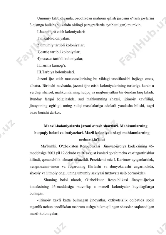 kur muassasalarga sud hukmiga binoan kelgan voyaga yetgan mahkumlar; umumiy, qattiq tartibli koloniyalardan va tarbiya koloniyalaridan sudning ajrimi asosida o‘tkazilgan voyaga yetgan mahkumlar; ijtimoiy xavfi katta bo‘lmagan jinoyati, ehtiyotsizlik oqibatida sodir etilgan jinoyati uchun va qasddan sodir etgan uncha og‘ir bo‘lmagan jinoyati uchun ozodlikdan mahrum qilish bilan bog‘liq bo‘lmagan jazoni ozodlikdan mahrum qilish tariqasidagi jazo bilan almashtirish tarzida sudning ajrimi asosida yuborilgan voyaga yetgan mahkumlar jazoni o‘taydi. manzil-koloniyalarga ijobiy tavsifga ega va: og‘ir jinoyati uchun, shuningdek qasddan sodir etgan jinoyati uchun, agar u ilgari qasddan sodir etgan jinoyati uchun ozodlikdan mahrum etishga hukm qilingan bo‘lsa, sud tayinlagan jazo muddatining kamida to‘rtdan bir qismini o‘tagan mahkumlar; o‘ta og‘ir jinoyati uchun, shuningdek jazodan muddatidan ilgari shartli ravishda ozod qilish yoki jazoni yengilrog‘i bilan almashtirish qo‘llanilgan va jazoning o‘talmagan qismi mobaynida qasddan sodir etgan yangi jinoyati uchun sud tayinlagan jazo muddatining kamida uchdan bir qismini o‘tagan mahkumlar o‘tkaziladi. manzil-koloniyalarga quyidagilar o‘tkazilmaydi: o‘ta xavfli …