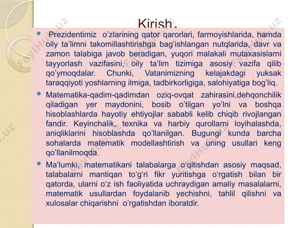 asi berilgan deyiladi. biz quyida sodda, ayni paytda keng qo’llanadigan dekart koordinatalari sistemasini keltiramiz. tekislikda ikkita o’zaro perpendikulyar to’gri chiziqni olaylik. bu to’gri chiziqlarning biri gorizontal, ikkinchisi esa vertikal joylashsin. to’gri chiziqlarning kesishgan nuqtasini o harfi bilan belgilab, uni koordinata boshi deb ataymiz. gorizontal to’gri chiziq esa ox o’qi yoki abssissa o’qi deyiladi. vertikal to’g’ri chiziq esa oy o’qi yoki ordinata o’qi deb ataladi. ox va oy o’qlarni koordinata o’qlari deyiladi. aytalik, m - tekislikdagi biror nuqta bo’lsin, bu nuqtadan, ox va oy o’qlarga perpendikulyarlar tushirib, ularning ox va oy o’qlar bilan kesishgan nuqtalarini mx va my lar bilan belgilaymiz. ushbu omx=x, omy=y kesmalarning uzunliklari m nuqtani koordinatalari deb ataladi. tekislikda ikkita a1(x1; y1), a2 (x2; y2) nuqtalar berilgan bo’lib. bu nuqtalar orasidagi masofani topish talab etilsin. a1(x1;y1), a2(x2;y2) nuqtalar orasidagi masofani d bilan belgilaylik: a1a2=d a1 nuqtadan ox o’qqa, a2 nuqtadan oy o’qqa parallel to’g’ri chiziqlar o’tkazaylik. bu to’g’ri …