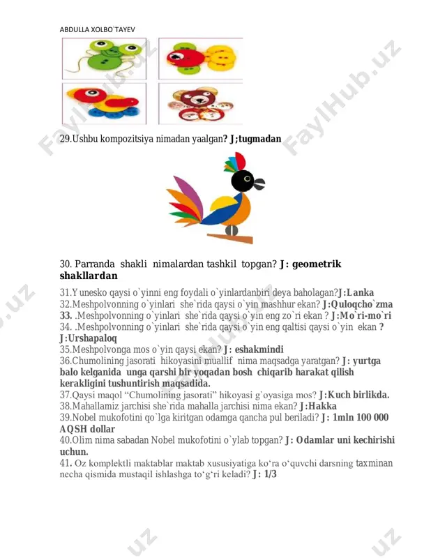 ishuv nechinchi sinfda amalga oshiriladi? j: 2-sinfda 47. 2-sinfda esa yil, oy, sutka (kecha-kunduz), soat va minut kabi birliklar o‘rganiladi.nechinchi sinfda sekund va asr tushunchalari o‘tilishi bilan bolalarda vaqt haqidagi tushunchalarni yanada aniqlashtirishga erishiladi? j: 3-sinfda 48. 1-sinfda nechta xossa o`rgatiladi? j:to‘rtta xossa: sonni yig‘indiga qo‘shish; yigindini songa qo‘shish; sonni yigindidan ayirish; yig‘indini sondan ayirishlar 100 ichida qo‘shish va ayirishning barcha hollari uchun hisoblash usullari kiritiladi 49. 34+20=(30+4)+20=(30+20)+4=54 ushbu misol qaysi xossa orqali yechilgan? j: yig‘indiga sonni qo‘shish 50. 48–3=(40+8)–3=40+(8–3)=45 ushbu misol qaysi xossa orqali yechilgan? j: yig‘indidan sonni ayirish