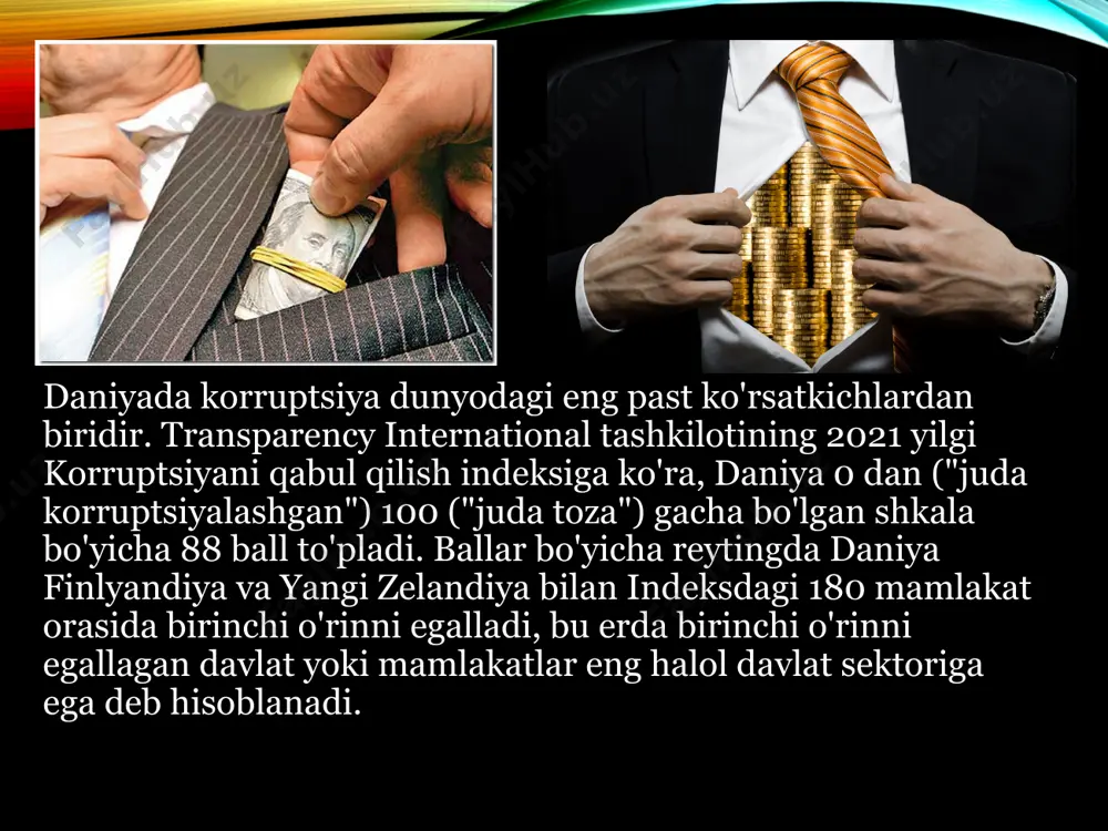 erishni to'xtatadi. 2013–2014 yillar global raqobatbardoshlik hisobotiga ko'ra, kompaniyalarning davlat amaldorlari, siyosatchilar va boshqa korxonalar bilan o'zaro munosabatlarining axloqiy xulq-atvoriga oid biznes muhiti, shuningdek, kompaniyalar o'rtasida moliyaviy audit va hisobot standartlari juda kuchlidir. korrupsiya dahshatli ijtimoiy yovuzlikdir, uning ko’p ko’rinishlari bor. korrupsiyaga misollar: korrupsiyaga qarshi kurash barchamizniki! image3.jpeg image4.jpeg image5.png image6.jpeg image7.jpeg image8.jpeg image9.jpeg image10.jpeg image11.png image12.jpeg image13.jpeg image14.jpeg image15.jpeg image16.jpeg image17.jpeg image18.jpeg image19.jpeg image20.png image21.png image22.jpeg image23.png image24.png image25.jpeg image26.jpeg image27.png image28.png image1.png