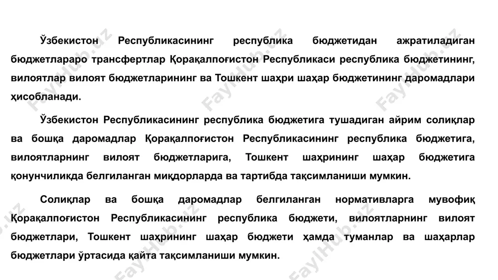 йил учун товарларнинг айрим турлари билан чакана савдо қилиш ҳуқуқи учун йиғимларнинг чекланган ставкалари т/р йиғим тури бир ойга чегараланган ставкалар (сўмда) тошкент шаҳри нукус шаҳри, вилоят маркази бўлган шаҳарлар бошқа шаҳарлар бошқа аҳоли пунктлари 1. алкоголь маҳсулотларини реализация қилиш ҳуқуқи учун йиғим 1 200 000 840 000 600 000 300 000 2. умумий овқатланиш корхоналаридан алкоголь маҳсулотларини реализация қилиш ҳуқуқи учун йиғим 600 000 420 000 300 000 150 000 10 даромад турлари 2020 йил 2021 йил 2022 йил туманлар ва шаҳарлар бюджетларига қоладиган солиқлар ва йиғимлар жисмоний шахларнинг мол-мулк солиғи 100 100 100 жисмоний шахлардан олинадиган ер солиғи 100 100 100 ятт тўлайдиган даромад солиғи (+ жисмоний шахсларнинг ижарадан даромади) 100 100 100 сув ресурсларидан фойдаланганлик учун солиқ (электр станцияларидан ташқари) 100 100 100 ер қаъридан фойдаланганлик учун солиқ (қурилиш материаллари бўйича) 100 100 100 қорақалпоғистон республикасининг республика бюджетида, вилоятларнинг вилоят бюджетларида ва тошкент шаҳрининг шаҳар бюджетларида қоладиган …