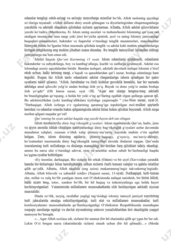 ozim. shariatda kuch va zaiflik, ijtimoiy va iqtisodiy maqom, insonning qaysi sinfga mansubligi, jinsi va tanasining rangi kabi ustunlikning barcha soxta mezonlari rad etilgan. bu mezonlarning barchasi qadimgi jamiyatlarda hisobga olingan va ayrim qadimgi faylasuflar hattoki tenglik tamoyilining o‘zini ham inkor qilgan. masalan, aflotunning ta’kidlashicha, ayrim odamlar hukmronlik qilish va boshqarish uchun, boshqalar esa tobe bo‘lish va boshqalarga ishlash uchun yaratilgan. islom odamlarning irqi, tanasining rangi, erkin odam yoki qul ekanligidan qat’i nazar, ustunlik mezonini, chunonchi, taqvodorlik va xudodan qo‘rqish mezonini o‘rnatdi. alloh taolo aytadiki: «ey odamlar! biz sizlarni bir erkak va ayoldan yaratdik va sizlarni o‘zaro tanishishingiz uchun xalqlar va qabilalar qilib qo‘ydik. albatta, allohning huzurida eng hurmatligingiz eng taqvodoringizdir» (xujurot, 13). bu yerda har bir odam ungacha ko‘tarilishi mumkin bo‘lgan va odamlarni birbiridan ustun qiladigan sinflarga bo‘lmaydigan mezon ko‘rsatilgan. bu insonni olg‘a qarab harakat qilish va yuksalishga undaydigan mezondir. taqvodorlik – insonning buyuk va shavkatli alloh oldida qadr-qimmati …