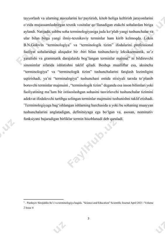 i. a.v.kalinin muayyan fanlar va kasb-korlikda ishlatiladigan so‘zlarni “maxsus leksika” deb ataydi va uni ikki guruhga ajratadi. [2: a.reformatskiy] 1. maxsus leksikaga, birinchi navbatda, terminlar kiradi. 2. maxsus leksika tarkibiga terminlardan tashqari professionalizmlar ham kiradi. u o‘z fikrini davom ettirib, “termin bilan professionalizmlar o‘rtasidagi farq shuki, termin bu muayyan fan, sanoat sohasi, qishloq xo‘jaligi, texnikadagi tamomila rasmiy bo‘lgan, qabul qilingan va qonunlashtirilgan biror tushunchaning ifodasidir, nomidir, professionalizm esa biror kasb, mutaxassislik, ko‘pincha jonli tilda tarqalgan, aslini olganda, tushunchaning qat`iy, ilmiy tavsifiga ega bo‘lmagan yarim rasmiy so‘zdir”,-deydi. ma’lumki, har bir fan sohasining rivojlanish va takomillashuv darajasi shu soha terminologiyasining qay darajada taraqqiy etganligi, shuningdek, tartibga solinganligi kabi belgilar bilan ham uzviy bog‘liqdir. chunki ilmiy adabiyotda qo‘llanadigan termin yoki uning ifoda shakli aniq va ravshan bo‘lmas ekan, unda, albatta, chalkashlik, noaniqlikkabi salbiy holatlar saqlanib qolaveradi. shu bois, v.p.danilenko ta’kidlaganidek, har bir fan yoki sohaning taraqqiyot ko‘rsatkichi shu soha terminologiyasining «qat`iy ilmiy terminologiya»ga …