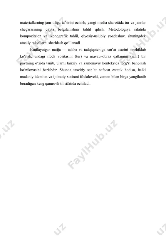 grafika, haykaltaroshlik, amaliy-bezak san’ati yoki media san’ati kabi yirik bo‘limlarni o‘z ichiga oladi; har biri o‘z ifoda vositalari, texnikasi va materiallar majmuiga ega. “janr” esa portret, peyzaj, natyurmort, maishiy, tarixiy, diniy–mifologik, animalistik kabi mavzu–tasvir kategoriyalaridir. janrlar real hayot manzaralarini yoki timsoliy–ramziy olamni ierarxik tartibda ochadi, tomoshabinning diqqatini obraz markaziga yo‘naltiradi. demak, tur bilan janr o‘zaro kesishadi: bir tur ichida turli janrlar bo‘lishi, bir janr esa turli turlarda ifodalanishi mumkin. ularni farqlash asarni tahlil qilishda chalkashliklarni bartaraf etadi, chunki texnik sifat va mazmuniy qiymat ko‘pincha har xil mezonlar bilan baholanadi. tasviriy tildagi eng fundamental vositalardan biri chiziqdir. chiziq kontur va shaklni belgilaydi, fazoni bo‘lish, ritm yaratish, harakatni ifodalash va xarakterni ochishda xizmat qiladi. qalamning engil tebranishidan tortib, kalligrafik zarbalargacha bo‘lgan diapazonda chiziqning temperamenti seziladi; keskin, siniq chiziqlar dramatizm uyg‘otsa, egri-bugri va yumshoq chiziqlar sokin ohangni beradi. rang esa ko‘rish fiziologiyasiga bevosita ta’sir etuvchi hodisa sifatida emotsional kalit vazifasini bajaradi. issiq va …