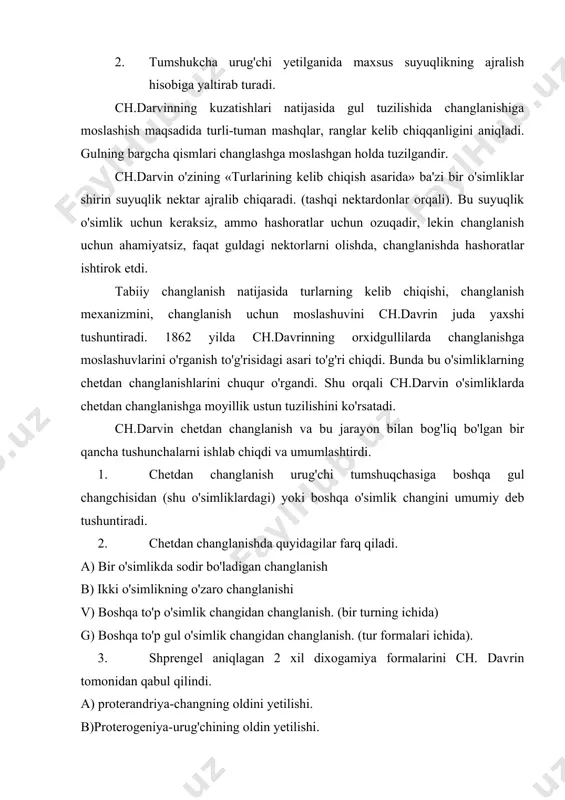 xulosa chiqarib ayrish mumkinki-o'simlik gullari yirik, ko'zga tashlanadigan, yorkin rangli, nektor ajratadigan va xushbuy xidlar yordamida hashoratlarni jalb etadi. antekologiya fani embriologiya fani bilan chambarchas bog'liq holda gulli o'simliklarning madaniy hamda yovvoyi o'simliklarning antekologiyasi-gullash va changlanish jarayonlarini o'rganish natijasida olingan ma'lumotlar nafaqat ilmiy, balki amaliyotda ham katta ahamiyatga egadir. ayniqsa uning genetika, seleksiya va urug'chilikdagi ahamiyati beqiyosdir. antekologiyaning asosiy vazifasi-gulli o'simliklarda, tashqi muhit ta'sirlarini hisobga olgan holda, gullarning tuzilishi, gullash va changlanish jarayonlarining bioekologiyasi changlatuvchi omillar nektor bezlari, chang donachalarining sifati va xayotchangligini o'rganishdan iboratdir. foydalanilgan adabiyotlar: 1. fegri k, van der peyl l. osnovo' ekologii opo'leniya. m: mir, 1982. 2. kordyum ye.l. gluhenko g.i. sitoembriologicheskiye aspekto' problemo' pola pokro'tosemenno'x. kiyev, naukovo dumka, 1976. 3. levina r.ye. reproduktivnaya biologiya semenno'x rasteniy. m:nauka, 1981. 4. poddubnaya-arnoldi v.a.sitoembriologiya pokro'tosemmenno'x rasteniy. m:nauka, 1976. 5. v.k.pelmenev medonosno'e rasteniya. m.rosselxoz izdat 1985. 144 b. jizn rasteniy iv.v.vi t. 1978-1982. 6. m.m.gluxov medonosno'e rasteniya m.kolos. 1974 …
