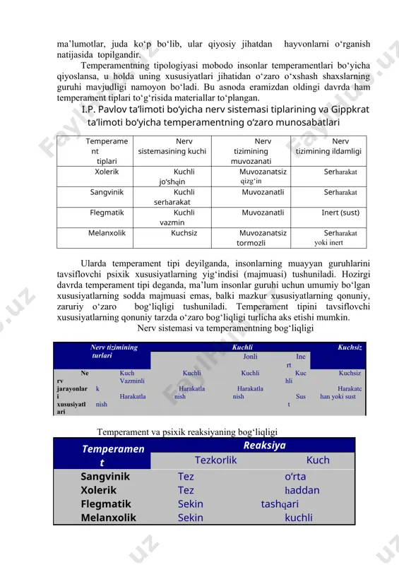 hiluvini nerv sistemasining tipi deb nomlaydi va uni to‘rtta tipga ajratadi. ular quyidagilardan iborat. 1. kuchli, muvozanatli, epchil; 2. kuchli, muvozanatsiz, epchil; 3. kuchli, muvozanatli, sust; 4. kuchli, muvozanatsiz sust. yirik rus psixologlaridan biri b.m. teplov (1896 - 1965) va uning shogirdlari, maslakdoshlari i.p.pavlovning tadqiqotlarini davom ettirib, inson nerv jarayonlari xususiyatlarining o‘ziga xos tomonlarini ochishga muvaffaq bo‘ldilar. ular nerv-fiziologik jarayonlarning nozik qirralarini o‘rganishga maxsus moslamalar yordami bilan o‘zgarishlarni qayd qilish hamda olingan natijalarni (omillarni) matematik statistika metodlari orqali hisoblashni tatbiq etdilar. shuningdek, b.m. teplov ilmiy maktabining namoyondalari tomonidan ijobiy va tormozlovchi shartli reflekslarning hosil bo‘lish tezligini tavsiflovchi individual xususiyatlar turkumi ham ta’riflab berilgandir. ushbu individual xususiyatlar mohiyatida ifodalanuvchi nerv sistemasining notanish xususiyati dinamiklik deb nomlangan ham tavsiflangan. bundan tashqari, ular shartli reflektor faoliyatining bir guruh individual xususiyatlari qo‘zg‘alish jarayoni to‘xtalishining tezligi mahsuli sifatida taxmin qilingan xususiyatni (yangi xislatni) labillik deb atay boshlaganlar. shuning bilan birga nerv sistemasining boshqa xususiyatlari mavjudligi …