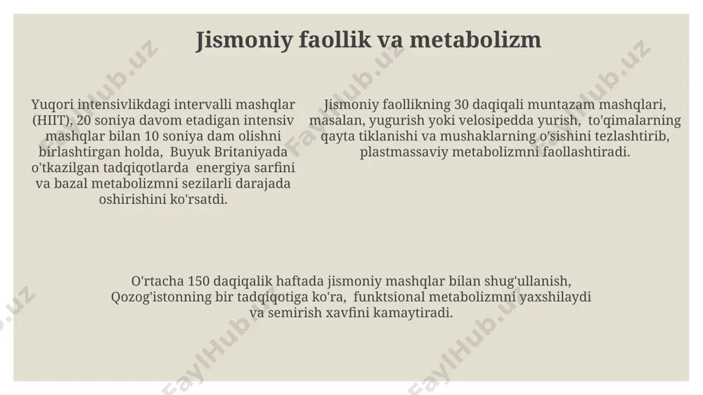 hi omillar orasida 8 soatdan kam uxlash va kam harakatlilik bor, to'g'ri ovqatlanish esa bu salbiy ta'sirlarni qisman kamaytirishi mumkin, masalan, farg'ona vodiysida kuzatilgan natijalar shundan dalolat beradi. kunlik 2000 kkal kaloriya iste'moli bilan, 50% uglevod, 30% yog' va 20% oqsil nisbatida to'g'ri ovqatlanish samarkand viloyatida yashovchi odamlarning sog'lom metabolizmini saqlashda muhim rol o'ynaydi. funksional va plastik metabolizm o'rtasidagi bog'liqlik funksional metabolizm, masalan, glyukoza oksidlanishi orqali 36 atp molekulasi hosil qilish kabi, plastik metabolizmga kerakli energiya va prekursorlarni ta'minlaydi, bu esa hujayra tuzilmalarining, masalan, oqsillar va lipidlarning biosintezini ta'minlaydi. funksional va plastik metabolizm o'rtasidagi muvozanat organizmning umumiy sog'lig'i uchun muhimdir. masalan, 40 yoshdan oshgan odamlarda bu muvozanat buzilishi yurak-qon tomir kasalliklari xavfini 2 barobar oshirishi mumkin. plastik metabolizm mahsulotlari, ayniqsa, jigarda va mushaklarda sintez qilingan glyukogen kabi, funksional metabolizm jarayonlarini tartibga soladi va energiya yetkazib berishini 15-20% ga oshirishi mumkin. uglevod almashinuvi va uning buzilishi glyukoza-6-fosfat dehidrogenaza yetishmovchiligi kabi fermentativ …