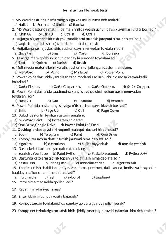 ng oʻziga xos uslubi nima deb ataladi? a) hujjat b) format c) shrift d) ramka 2. ms word dasturida matnni og’ma shriftda yozish uchun qaysi klavishlar juftligi bosiladi? a) shift+a b) ctrl+u c) ctrl+b d) ctrl+i 3. hujjatga o’zgartirish kiritish yoki xatoliklarni tuzatish jarayoni nima deb ataladi? a) saqlash b) ochish c) tahrirlash d) chop etish 4. hujjatlarga rasm joylashtirish uchun qaysi menyudan foydalaniladi? a) дизайн b) вид c) файл d) вставка 5. tasvirga matn qoʻshish uchun qanday buyruqdan foydalaniladi? a) text b) qalam c) burish d) brush 6. multimedia materiallarini yaratish uchun mo’ljallangan dasturni aniqlang. a) ms word b) paint c) ms excel d) power point 7. power point dasturida yaratilgan taqdimotlarni saqlash uchun qanday ketma-ketlik bajariladi? a) файл-печать b) файл-сохранить c) файл-открить d) файл-создать 8. power point dasturida taqdimotga yangi slayd qo’shish uchun qaysi menyudan foydalaniladi? a) дизайн b) вид c) главная d) вставка 9. power pointda navbatdagi …