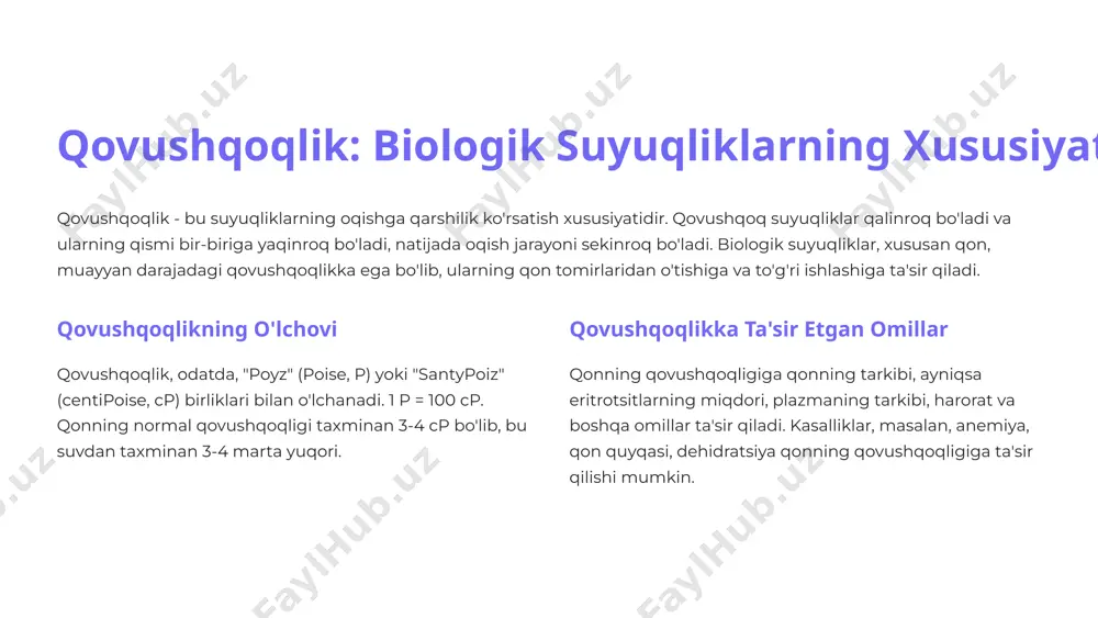 n. 1 dorilar antikoagulyantlar va antiplatelet dorilari qonning qovushqoqligi darajasini pasaytirish va qon quyqasi xavfini kamaytirish uchun qo'llaniladi. 2 hayot tarzi o'zgarishlari sog'lom turmush tarzi, jumladan, to'g'ri ovqatlanish, muntazam mashqlar, chekishni tashlash va vaznni boshqarish qonning qovushqoqligi darajasini pasaytirishga yordam beradi. 3 suyuqlikni ko'paytirish yetarli miqdorda suv ichish qonni yupqalashtirishga va qovushqoqlikni kamaytirishga yordam beradi. 7 bioreologiya klinikada: diagnostika va davolash bioreologiya klinikada qonning qovushqoqligi darajasini aniqlash, qon tomir kasalliklari xavfini baholash va davolashni belgilashda muhim rol o'ynaydi. qonning qovushqoqligi bilan bog'liq muammolarni aniqlash va ularni erta bosqichda davolash bemorlarning sog'lig'ini saqlashda muhimdir. 1 diagnostika qonning qovushqoqligi darajasini o'lchash qon tomir kasalliklari, tromboz, anemiya va boshqa kasalliklarni aniqlashda yordam beradi. 2 davolash qonning qovushqoqligi darajasini boshqarish bemorlarning qon tomir kasalliklari xavfini kamaytirish va sog'lig'ini saqlashda yordam beradi. 3 qon oqimini yaxshilash qonning qovushqoqligi darajasini pasaytirish qon oqimini yaxshilashga va qon tomirlarining tiqilib qolishi xavfini kamaytirishga yordam beradi. 8 bioreologiya tadqiqotlari …