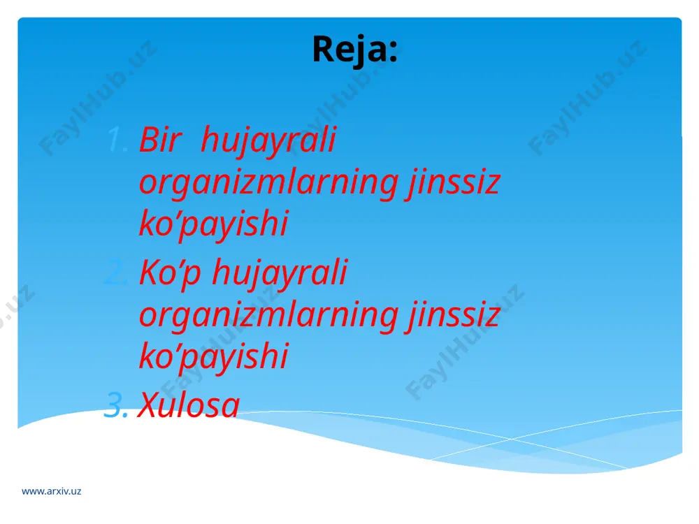 urtaklanib ko`payish. ona hujayrada yadro yoki nukleoitni saqlovchi bo`rtma paydo bo`lib, kattalashadi va ajralib alohida hujayraga aylanadi. bir hujayrali zamburug`lar (achitqi zamburug`i)da, ayrim infuzoriyalarda uchraydi. www.arxiv.uz tufelka. ko`payishi. tufelka qulay sharoitda amyoba singari ikkiga bo`linib ko`payadi. uning sitoplazmasida bittadan katta va kichik yadrolar bor. katta yadrosi loviyaga o`xshaydi, kichigi esa dumaloq bo`ladi. ko`payishi kichik yadroning katta yadrodan uzoqlashib, qobig`i erishi va yadro moddasining ikkiga taqsimlanishidan boshlanadi. shundan keyin katta yadroning qobig`i ham erib, uning ichidagi moddasi ikkiga taqsimlanadi. bu vaqtda tufelkaning tanasi qoq o`rtasidan ingichkalashadi. hosil bo`lgan yadrolar tufelkaning oldingi va keyingi tomoniga teng miqdorda o`tadi. tufelka tanasi tobora ingichkalashib borib, ikkiga ajraladi va bitta infuzoriyadan ikkita infuzoriya hosil bo`ladi. dastlab, ularning har qaysisida bittadan qisqaruvchi vakuol bo`ladi, ikkinchisi esa keyinroq hosil bo`ladi. www.arxiv.uz bir hujayralilarning jinssiz ko`payishi 4.sporalar orqali ko`payish. sodda hayvonlar, bir hujayrali zamburug`lar, bir hujayrali suvo`tlarida sporalar orqali ko`payish kuzatiladi. spora ichida hujayra ko`p marta mitoz usuli …