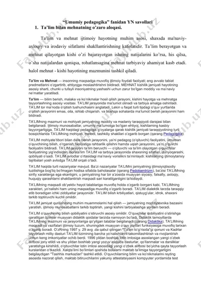 umumiy pedagogika fanidan yn savollari — DOC