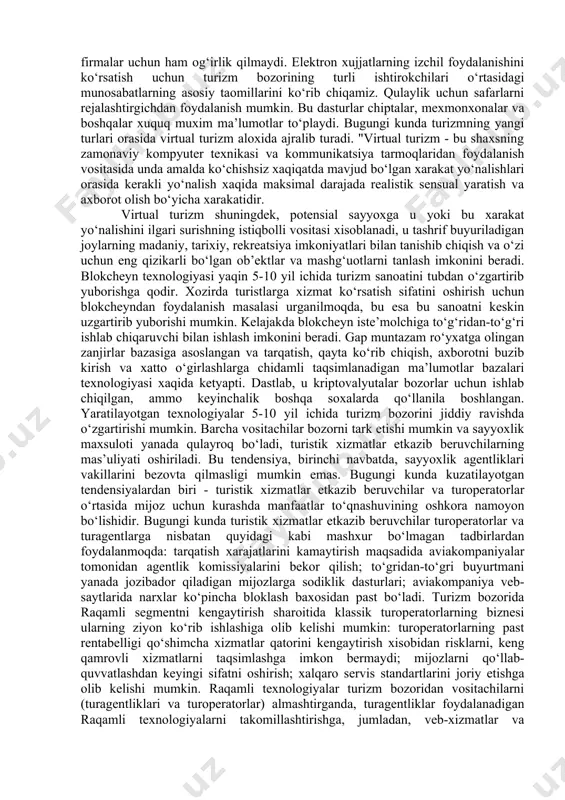 alar, yotoqxona, lagerlar, kvartira va villalar xaqida ma’lumot beradi. siz xaqiqiy fotosuratlarni va mexmonlarning sharxlarini ko‘rishingiz, xonani (ko‘pincha oldindan to‘lovsiz) bron qilishingiz, ro‘yxatdan o‘tgan foydalanuvchilar uchun shaxarlar bo‘yicha qo‘llanma va muxim chegirmalar olishingiz mumkin. so‘nggi paytlarda turistlar uchun servis sifatida konsertlar, ekskursiyalar, degustatsiyalar, maxorat darslari taklif etilmoqda. sayoxat qilishdan oldin toshkent, samarqand, buxoro, xiva singari yirik shaxarlardagi maxalliy transport ilovalari bilan erkin xarakat qilish imkonini beruvchi oflayn xaritalarni yuklab olish mumkin. internet orqali global bronlash tizimlari bilan ishlash agentlikka xar qanday vaqtda narx va bo‘sh joylar soni xaqida o‘z vaqtida va ishonchli ma’lumotni olishnigina emas, balki buyurtmani bajarishning barcha bosqichlarida kuzatib borish imkoniyatini beradi. turli xil bronlash tizimlari (crs - computer reservation systems) mavjud, ularning barchasi taqdim etilayotgan xizmatlarning to‘plami va texnologiya ishi bilan bir-biridan farq qiladi. sirena, amadeus, gabrielle kabi eng eski tizimlarning aksariyati sizning ofisingizda o‘rnatishingiz kerak bo‘lgan maxsus terminallar orqali ishlaydi. ushbu tizimlar orqali ishlash uchun aloqa …