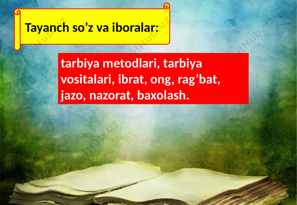 llari va tarbiya vositalari tushunchalari ham ishlatiladi. usul tarbiya metodining xususiy, alohida mahno kasb etuvchi tushunchasi hisoblanib, u o’sha metod samaradorligi, ta’sirchanligini oshirishga faol yordam beradi. metodga nisbatan usul yordamchi, xususiy xarakter kasb etadi. masalan, mehnat jarayonida mehnat faoliyatini ko’rsatish usul sifatida foydalanilib, jarayonni qanday qilib aniq bajarish yo’li ko’rsatiladi tarbiya vositasi kengroq tushuncha hisoblanib, unda tarbiya vazifalarini hal etish uchun pedagogik maqsadga muvofiq tashkil etilgan har qanday uslubiy yo’llar tushuniladi. bu umumiy tushunchaga, predmetlar, hodisalar, faoliyat ko’rinishlari, texnik imkoniyatlar, obrazlar, pedagog faoliyati va boshqalar kirishi mumkin. tarbiya vositasiga ko’rgazmali qurollar, kitoblar, ommaviy axborot vositalari, umuman olganda, tarbiya jarayonida qo’llanilgan imkoniyatlar barchasi kirishi mumkin. metod, usul va vosita tushunchalari o’rtasida aniq bir chegara yo’q. metod, usul va vositalar o’zaro dialektik birlikka ega. tarbiyaviy ta’sir tizimida turli tarbiya metodlari o’zaro bog’liq holdagina mahlum natijaga erishishi mumkin. hozirgi zamon falsafasining, undan keyin pedagogikaning ham tasdiqlashicha, hodisa, narsalar, faoliyat ko’rinishlari tarbiya jarayonida tarbiya …