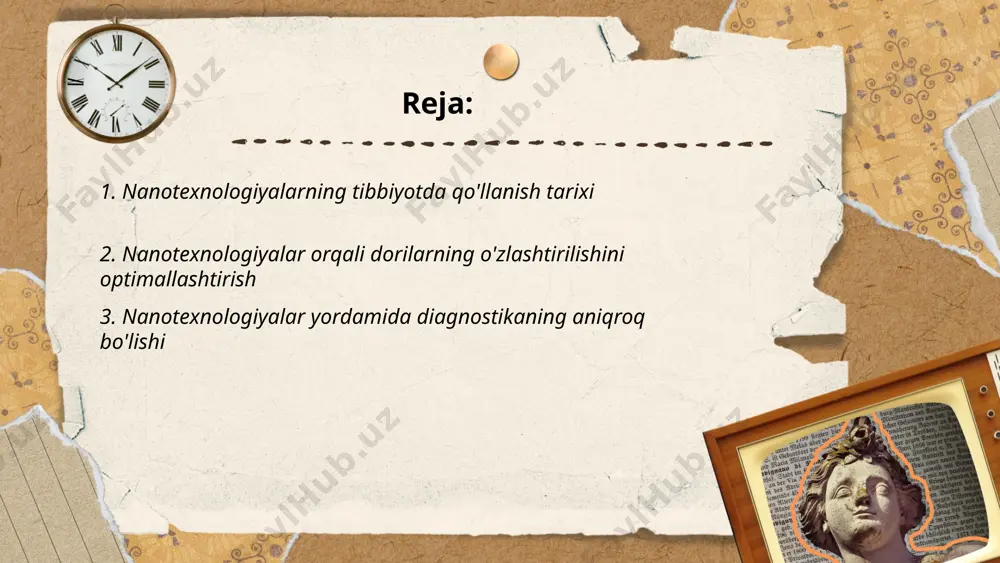 arni kamaytiradi. masalan, nanodispersiyalar dori molekulalarini tavoze qilishga yordam beradi, bu esa biokiraolishlikni 50% gacha oshirishi mumkin. tadqiqotlar ko'rsatadiki, nanotexnologiyalarni qo'llash orqali dorilarning o'zlashtirilishi vaqtini 10% dan 15% gacha qisqartirish mumkin. bundan tashqari, nanoo'lchamdagi zarrachalar dorilarning dozalarini qiymatli aniqlik bilan boshqarish imkonini beradi, natijada davolash jarayonlari samaradorligi oshadi. ... t.me/slaydai_bot nanotexnologiyalar tibbiyotda diagnostika jarayonlarini aniqroq qilishda muhim rol o'ynaydi. nanohissiyotlar (nanosensors) yordamida hujayra darajasida o'zgarishlarni aniqlash imkoniyati mavjud bo'lib, bu ko'plab kasalliklarni oldindan aniqlashga yordam beradi. masalan, nanozarrachalar qondagi o'zgarishlarni sezadigan darajada sezgir va ular hatto 10⁻⁹ metr kattalikdagi o'zgarishlarni ham qayd eta oladilar. bu texnologiyalar yordamida diagnostikaning aniqligi 80-95% ga oshishi mumkinligi kutilmoqda. o'zbekistonda ham nanotexnologiyalar sohasida izlanishlar olib borilmoqda va 2025 yilga kelib bu texnologiyalarning amaliyotda keng tatbiq etilishi kutilmoqda. ... t.me/slaydai_bot 4. onkologiyada nanotexnologiyalar: saraton hujayralarini nishonga olish onkologiyada nanotexnologiyalar saraton hujayralarini aniqlash va ularni nishonga olishda muhim rol o'ynaydi. zamonaviy nanokapsulalar dori moddalarini bevosita o'simtaga yetkazib …