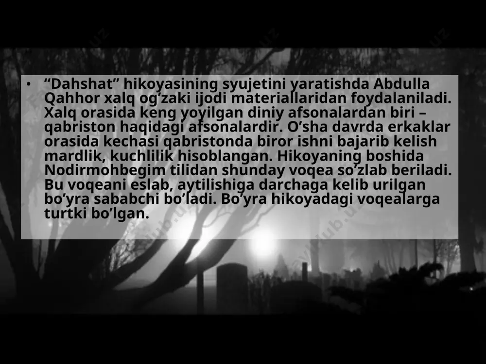 nsin javobsiz qoldiradi. mute kundoshlar esa javob berishga undaydi. unsin yanada yuksaklikka ko’tariladi. ”javob bersangiz, ganjirovonga ketsam”. mute xotinlari bilan yashab o’rgangan dodxo unsinni gapini tushunmaydi. unsin shijoat, jasorat bilan dodxoga tik boqadi. ”– yo’q, men butkul ketsam deyman, javobimni bersangiz”. dodxo unsinni mute ayollari singari savalamadi. muloyimlik bilan ”go’ristonga pichoq emas, qumg’on olib borasan, on hazratim sag’anasi oldida qumg’on qaynatib, bitta choy damlab kelasan, maylimi. – mayli,” – dedi unsin. www.arxiv.uz www.arxiv.uz ayollarning erkin so’zlashiga o’rganmagan dodxoga bu xaqorat bo’lib tuyuldi. www.arxiv.uz unsin taloq so’radi + dodxo titradi - unsin qabristonga jo’nab ketdi + kundoshlar uyiga tarqaldi - www.arxiv.uz unsining qabristonga borishida tabiat tasviri va shamol to’sqinlik qiladi. www.arxiv.uz unsin yuradi + shamol to’sqinlik qiladi - shamol tentiradi - oson yurishni uddaladi + unsin chopqillaydi + shamol irrilaydi - www.arxiv.uz ushbu tasvirda unsunga ya’ni uni ozod bo’lishiga shamol va tun tasviri to’sqinlik qiladi, lekin unsin barchasini yengib, olg’a boradi. …