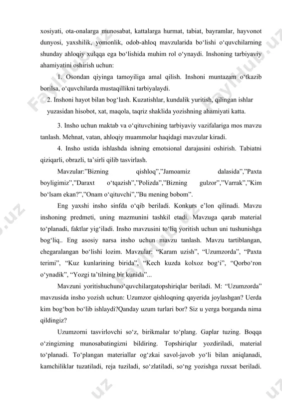 ruxsat beriladi. reja-bu loyiha. har bir og‘zaki va yozma hikoya qilishning zaruriy pog‘onasi – reja. 1-sinfda reja so‘roq gap shaklida, o‘qituvchi tomonidan tuzib beriladi. 2-sinfda o‘qituvchi rahbarligida o‘quvchilar bilan jamoa bo‘lib tuziladi. unda ham asosan so‘roq gap shaklida bo‘ladi. 3-sinfda jamoa bo‘lib tuziladi, darak gap shaklida bo‘ladi. 4- sinfda mustaqil tuziladi, darak gap, atov gap (ba’zi qismi ) shaklida bo‘ladi. reja 2,3,5 qismli bo‘ladi. o‘quvchilar o‘qigan hikoyasiga reja tuzib, qayta hikoyalaydilar. so‘ng insho rejasini tuzadilar. so‘ng seriyali rasm asosida reja tuzadilar, inshoga sarlavha topadilar. so‘ng syujetli rasm va kuzatishlar asosia reja tuzishga o‘tadilar. reja tuzishga o‘rganishdan oldin nima to‘xtatilinadi; keyin qanday davom ettiriladi, so‘ng nima haqida gapiriladi, nima bilan tugatiladi deb yo‘l-yo‘riq beriladi. reja insho yozishga tayyorgarlik davrida tuziladi. mavzu e’lon qilingach, ekskursiya kuzatishdan oldin tuzib olinsa, insho muvaffaqqiyatli yoziladi. inshoga tayyorgarlikni o‘qituvchi boshqaradi. tayyorgarlik davrida: 1) hikoya qilishga talab uyg‘otadigan vaziyat yaratish; 2) insho uchun material yig‘ish; 3) til …
