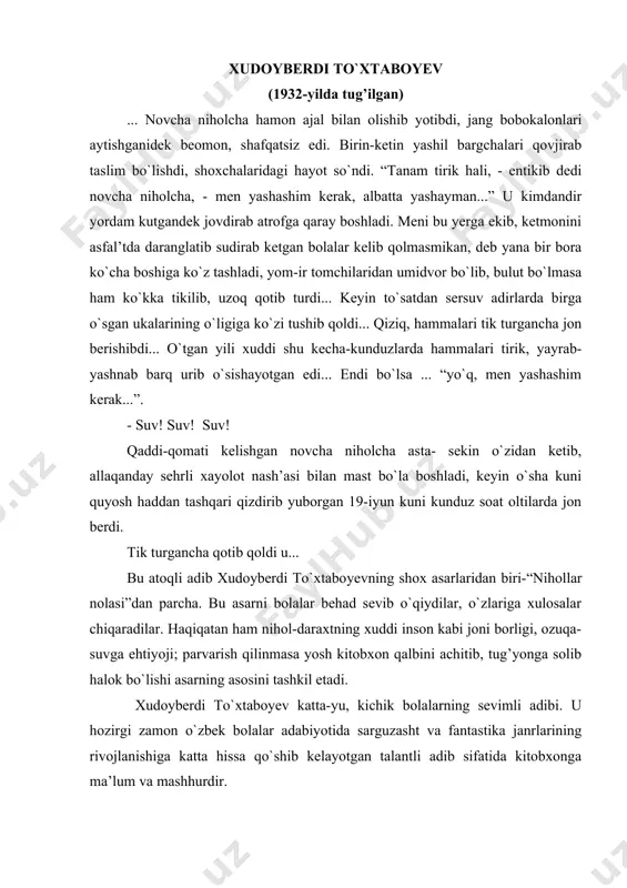 ssa qo`shib kelayotgan talantli adib sifatida kitobxonga ma’lum va mashhurdir. xudoyberdi to`xtaboyev 1932-yilning 17-dekabrida farg’ona viloyatining o`zbekiston tumaniga qarashli kattatagob qishlog’ida dehqon oilasida dunyoga keldi. boshqa bolalar qatori xudoyberdi ham poda boqdi, yer chopdi, paxta terdi, xullas, qishloqda bo`ladigan hamma mehnatlarda hol-qudrat ishtirok etdi., hayot nimadan iborat ekanligini yoshligidanoq bila boshladi. bo`lajak adib ikkinchi jahon urushi yillarida o`qishni yig’ishtirib dalada ketmon chopdi, hisobchilik qildi, mashaqqatli mehnat bilan suyagi qotdi. qo`qon pedagogika bilim yurtini muvaffaqiyatli tamomlagan xudoyberdi to`xtaboev ona qishlog’ida muallimlik qilar ekan, unda ilmga cheksiz ishtiyoq uyg`onadi. shuning uchun ham u o`qituvchilikni tashlab, toshkent davlat dorilfununiga o`qishga kirdi. bu yerda alisher novoiy, bobur, g`.o`ulom, oybek, o`.olimjon, a.qahhor asarlarini sevib o`qidi, o`rgandi. unversitetni tugatib, bog’dod tumanida o`qituvchilik qildi. ilmiy bo`lim mudiri, direktorlik lavozimlarida ishlab, yoshlarni ilm-fan nurlaridan bahramand etish ishlarida faoliyat ko`rsatdi. she’riy mashqlari vaqtli matbuot sahifalarida e’lon qilina boshladi. bu esa bo`lajak adibni markazga – toshkentga ijodiy ish bilan jiddiy …