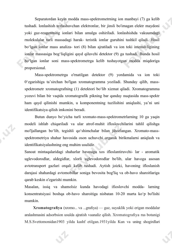 dlar, aldegidlar, xlorli uglevodorodlar bo'lib, ular havoga asosan avtotransport gazlari orqali kelib tushadi. aytish joizki, havoning ifloslanish darajasi shahardagi avtomobillar soniga bevosita bog'liq va ob-havo sharoitlariga qarab keskin o'zgarishi mumkin. masalan, issiq va shamolsiz kunda havodagi ifioslovchi modda- larning konsentratsiyasi boshqa ob-havo sharoitiga nisbatan 10-20 marta ko‘p bo'lishi mumkin. xromatograﬁya (xromo... va ...graﬁya) — gaz, suyuklik yoki erigan moddalar aralashmasini adsorbsion usulda ajratish vaanaliz qilish. xromatograﬁya rus botanigi m.s.svettomonidan1903 yilda kashf etilgan.1931yilda kun va uning shogirdlari xromatograﬁya yordamida tuxumsarigʻidagi ksantoﬁl, lutein va zeaksantin moddalari hamda va rkarotinlarni ajratishdi. 1941yilda a.martinva r.sing taqsimlash xromatograﬁyasiga asos soldi va oqsil, uglerod birikmalarini oʻrganishda uning keng imkoniyatlarini koʻrsatib berdi. 1940—45 yillarda s.mur va u.staynlar aminokislotalarni xromatograﬁya usulida ajratish va miqdoriy analiz qilishga katta xissa qoʻshdi. 1950 yilda martin va jeyms gaz-suyuklik xromatograﬁyasi usulini ishlab chiqdi. xromatograﬁya olib borilayotgan muhitga qarab: -gaz, -gaz-suyuqlik -suyuklik xromatograﬁyalariga. moddalarni ajratish mexanizmiga qarab: -molekulyar (adsorbsion), -ion almashtirgich, -choʻktirish -taqsimlash …