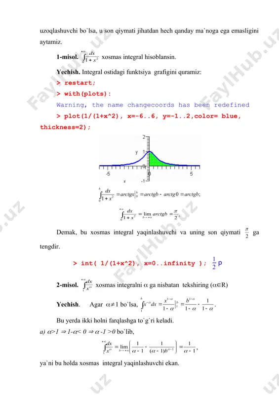 bu oraliqda uning boshlang`ich funksiyasi f(x) mavjud va x(+( da chekli limitiga ega bo`lsa, xosmas integral yaqinlashuvchi bo`ladi. isbot. . bu yerda belgilashdan foydalandik. teorema sharti asosida f(+() chekli limit mabjudligidan xosmas integralning yaqinlashuvchiligi kelib chiqadi. 2-teorema. agar f(x) va ((x) funksiyalar [a;+() oraliqda aniqlangan va uzluksiz (x([a;+() f(x)( ((x) (0 tengsizlik o`rinli bo`lib, 1) yaqinlashuvchi bo`lsa, ham yaqinlashuvchi bo`ladi; 2) uzoqlashuvchi bo`lsa, ham uzoqlashuvchi bo`ladi; navbatdagi teoremani keltirish avvalida integralga tegishli yana bir tushunchani kiritamiz. agar f(x) funksiya absolut qiymatining biror oraliq bo`yicha (cheklimi yoki cheksizmi) integrali mabjud bo`lsa, bu funksiya shu oraliq bo`yicha absolut integrallanuvchi deyiladi, ya`ni mabjud bo`lsa, f(x) (a;b) oraliqda absolut integrallanuvchidir. 3-teorema. agar f(x) funksiya [a;+() oraliqda aniqlangan va uzluksiz bo`lib, shu oraliqda absolut integrallanuvchi bo`lsa, xosmas integral yaqinlashuvchi bo`ladi. 4-teorema. agar f(x) va ((x) [a;+() oraliqda uzluksiz va manfiy bo`lmagan funksiyalar bo`lib, chekli limit mabjud bo`lsa, va xosmas integrallarning ikkalasi ham yaqinlashuvchi yoki ikkalasi …