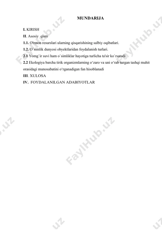 larni oldini olish va shunday holatlarda xavfsizlik choralarini ishlab chiqishdan iboratdir. kurs ishini obyekti—kurs ishi mavzusini yoritishda yordam beradigan tabiiy hodisalar yuz bergan joylar va ularning kelib chiqish sabablarini o’rganish jarayoni. kurs ishi predmeti—tabiiy yuz bergan hodisalarni o’rganish jarayonlarida ishladigan asbob uskunalar.o’quvchilarga tabiiy xodisalarning halokatli asoratlarini tanishtirish jarayonida qo’l keladigam axborot texnologiya vositalari,kitob,qo’lyozma manbalar va hokazolar kiradi. yana har xil o’rganish ishlari jarayonida qo’l keladigan jihozlarni,buyumlarni ham misol qilib olsak boladi o'simliklar dunyosini ahamiyati. o'simliklar dunyosi yerdagi hayotning birlamchi manbaidir. ular yiliga 380 mlrd. t organik modda hosil qiladi, buning 325 mlrd. t dengiz va okean o'simliklaiga, 38 mlrd. t o'rmonlarga, 6 mlrd. t o'tloqlarga to'g'ri keladi. bundan tashqari o'simliklar, ya'ni yashil o'simliklar tufayli fotosintez jarayoni ro'y beradi, yerdagi hayotning yashashi uchun zarur bo'lgan kislorodni ishlab beradi. agar fotosintez jarayoni bo'lmasa, havodagi karbonad angidridning miqdori ko'payib kishilar va hayvonlar nobud bo'lar edi. biroq atmosferadan, suv yuzasidan va tuproqdan kelayotgan o'sha …
