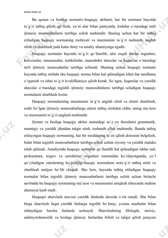 sharxlashning filologik, tarixiy, adabiyotshunoslik va boshqa ijtimoiy fanlardan bilish va talqin qilish jarayoni sifatidagi о`rni beqiyosdir. ushbu masala xozir ham katta munozaralarga sabab bо`lmoqda. shu munosabat bilan asosiy nuqtai nazarni quyidagi guruhlarga bо`lishimiz mumkin: birinchidan, sharxlash huquqning ma`nosini aniqlab berishdir; ikkinchidan, sharxlash – huquqning ma`nosini tushuntirib berishdir; uchinchidan sharxlash – huquqning ma`nosini ham aniqlab, ham tushuntirib berishdir [28]. fikrimizcha, sharxlash huquqning mazmunini ham aniqlaydi, ham tushuntiradi degan fikr tо`g`ri. dastlabki ikki fikr о`zining tо`liq emasligi, bir taraflama ekanligi va huquqiy normalarning mazmunini ochuvchi kо`p qirrali faoliyatni о`z ichiga kiritmasligi bilan ajralib turadi. sharxlash – huquqning mazmunini aniqlashdir, deb, xisoblash – huquqni tushuntirib berish kabi maxsus faoliyatni inkor etishdir. shuningdek, sharxlashni faqat huquqni mazmunini tushuntirib berish, deb xisoblash, har qanday tushuntirishga taaluqli bо`lgan fikrlash va bilish jarayonini inkor etishdir. biror narsaning mazmunini boshqalarga tushuntirib berishdan avval, uning о`zini yaxshilab tushunib olmoq lozim. shuning uchun aniqlash va tushuntirish huquqni sharxlash jarayonining о`zaro …