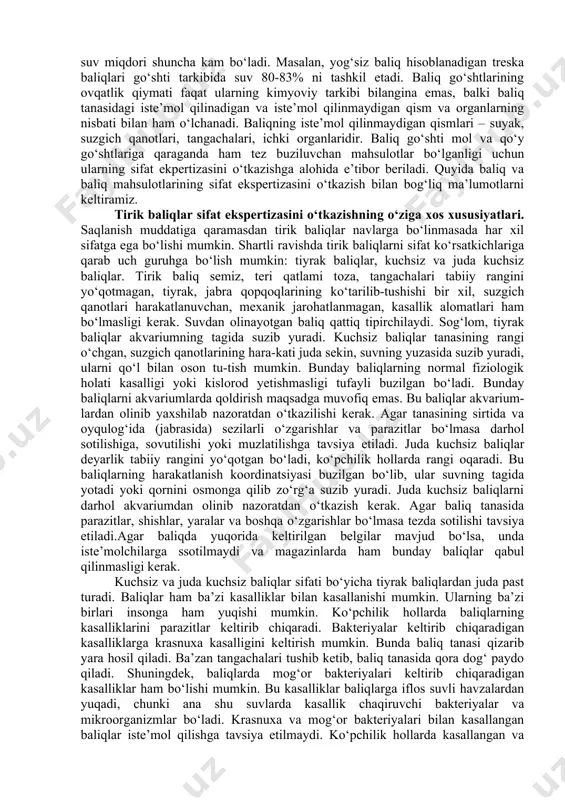 va baliq mahsulotlari to‘liq qiymatli hayvon oqsili manbai ekanligi bilan ham qadrlanadi. oqsil baliq go‘shtining asosiy tarkibiy qismlaridan biri hisoblanadi. ko‘pchilik baliq turlarida oqsil miqdori 13 foizdan 20 foizgachani tashkil etadi. ularda to‘liq qiymatli oqsilning to‘liq qiymatga ega bo‘lmagan oqsilga nisbati ham mol, qo‘y, cho‘chqa go‘shti oqsillaridagiga nisbatan birmuncha ko‘pdir. baliq yog‘lari suyuq bo‘lib, tarkibida to‘yinmagan yog‘ kislotalari ko‘p bo‘lganligi uchun ham tez hazm bo‘ladi. baliq yog‘i tarkibidagi to‘yinmagan yog‘ kislotalari (linolevat, linolenavat, araxidonavat) va boshqalar organizmda modda almashinuvini yaxshilab, ortiqcha xolesterinni chiqarishga yordam beradi. baliqlarning yoshi, ovlanadigan vaqti va joyi, fiziologik holatlariga qarab ulardagi yog‘ miqdori 0,4 foizdan 30,0 foizgacha bo‘lishi mumkin. baliq tarkibidagi yoq miqdori baliq go‘shtining ta’m ko‘rsatkichlari va ozuqaviy qiymatiga katta ta’sir ko‘rsatadi. shu sababli baliqlarning semizligi, ularning navini aniqlashga qo‘llaniladigan asosiy ko‘rsatkichlardan biri hisoblanadi. shunday qilib, baliq moylari tarkibida to‘yinmagan yog‘ kislotalari mavjudligi uchun organizmda tez hazm bo‘lsa, ikkinchidan, bu kislotlar havo kislorodi ta’sirida oksidlanishga …