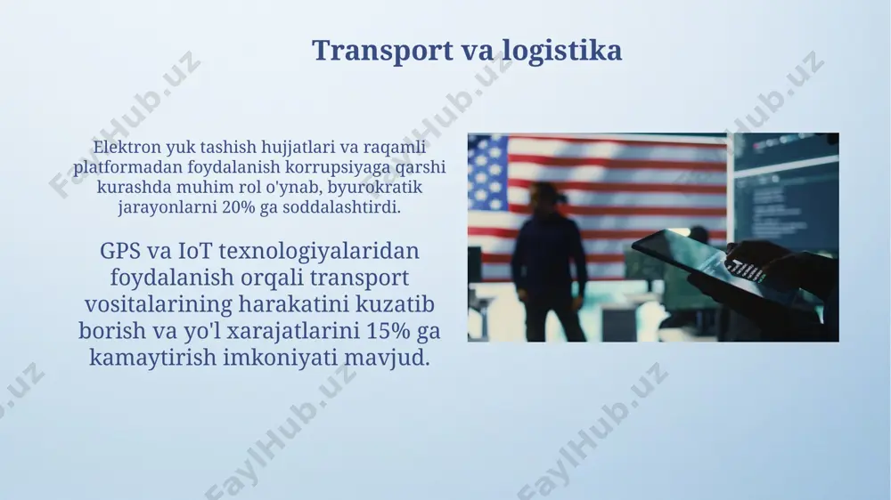 texnologiyasi yordamida energiya savdosi va hisob-kitoblarini shaffoflashtirish, energiya o'g'irlash holatlarini 5% ga kamaytirish va energiya ta'minoti samaradorligini 10% ga oshirish mumkin. energetika tarmoqlarida iot (internet of things) sensorlari yordamida 30% gacha energiya sarfini optimallashtirish va 15% ga chiqindilarni kamaytirish imkoniyati mavjud. zamonaviy axborot texnologiyalarining ahamiyati zamonaviy axborot texnologiyalari, xususan, yuqori tezlikdagi internet orqali 10 millionlab fuqarolarga onlayn ta'lim, teletibbiyot va elektron hukumat xizmatlarini taqdim etish imkonini beradi. katta ma'lumotlar (big data) tahlili orqali aholi salomatligi, ta'lim sifati va jinoyatchilik darajasi kabi muhim ijtimoiy ko'rsatkichlarni kuzatish va samarali siyosatlarni ishlab chiqish mumkin. madaniyat va san'atda itning o'rni onlayn platformalar orqali san'at asarlarini sotish va sotib olish imkoniyati san'atkorlar uchun yangi bozorlarni ochib beradi va yillik daromadlarini 20-30% ga oshirishga yordam beradi. raqamli arxivlash orqali 100 000 dan ortiq madaniy merosimizni saqlash va kelajak avlodlarga yetkazish imkoniyati paydo bo'ldi, bu esa milliy identitetimizni mustahkamlashga xizmat qiladi. e'tiboringiz uchun rahmat @taqdimot_robot image4.png image5.jpg …