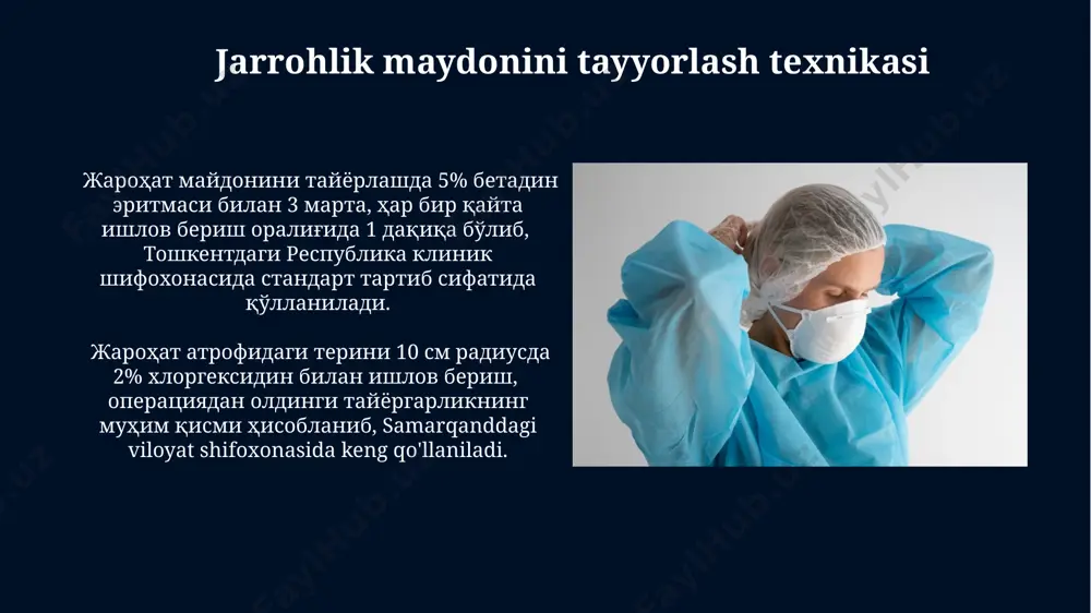 dan 90 foizi infektsiya alomatlarini o'z vaqtida aniqlashni o'rgangan. kasalxonadagi jarrohlik joyi infektsiyasi statistikasi samarqand viloyatida 2023 yilning birinchi choragida jarrohlik joyi infektsiyalari bilan bog'liq 150 dan ortiq holat qayd etilgan bo'lib, bu umumiy jarrohlik amaliyotlarining 3% ni tashkil qiladi. andijon viloyati surxondaryo viloyatiga nisbatan jarrohlik joyi infektsiyalarining pastroq ko'rsatkichlariga ega bo'lib, 2022 yilda mos ravishda 4% va 6% ni tashkil etgan. kelajakdagi istiqbollar va tadqiqotlar aqshning milliy sog'liqni saqlash institutlari (nih) tomonidan moliyalashtirilgan tadqiqotlar, jarrohlik joyi infektsiyalarining oldini olishda 3d-bioprinterlar yordamida shaxsiylashtirilgan tibbiy vositalarni qo'llashning samaradorligini o'rganmoqda. jahon sog'liqni saqlash tashkilotining (jsst) ma'lumotlariga ko'ra, 2025 yilga borib, antibiotiklarga chidamli bakteriyalar tufayli yuzaga keladigan jarrohlik joyi infektsiyalari soni 50% ga oshishi kutilmoqda, bu esa yangi davolash usullarini talab qiladi. davolash usullari va protokollari жароҳат юза инфекциясини олдини олиш бўйича ақшнинг cdc тавсияларига кўра, операциядан олдинги 24 соат ичида беморларнинг 90%ига антисептик воситалар билан терини тозалаш тартиби ўтказилиши керак. самарқанд вилоятидаги …
