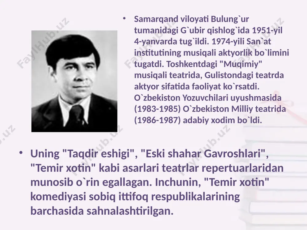 o`shgan hissasi uchun "o`zbekistonda xizmat ko`rsatgan madaniyat xodimi" unvoniga loyiq ko`rildi (1999-yil). 2001-yilda "mehnat shuhrati" ordeni bilan taqdirlandi. boshbekov sh. "eshik qoqqan kim bo`ldi?". asari 1989 yilda yaratilgan. mavzuimga to`xtaladigan bo`lsam: “sharof boshbekov dramalarida bolalik olami ifodasi”. bu mavzuni yoritish uchun uning quyidagi pyesalarini tanladim. 1. “eski shahar gavroshlari” 2. “tikansiz tipratikanlar” o`zbek bolalar adabiyotida bolalar obrazi mavjud bo`lgan asarlar turli xususiyatlarga ega. bolalar nasrida bolalar obrazi mavjud o`nlab asarlar bor. ular har xil bolalar. tarixiy shaxslar bolaligi aks ettirilgan asarlar borki, ular tabiatiga ko`ra avtobiografik va biografik asarlarga bo`linadi. “bolalik”, “o`tmishdan ertaklar” nomli avtobiografik asarlarda ijodkorlarning o`z bolaligi aks ettirilgan bo`lsa, “alisherning yoshligi”, “uchqur poyezdlar” kabi biografik asarlarda boshqa ijodkorlar bolaligi ifoda etilgan. o`zbek bolalar adabiyotida bolalar obrazi aksi “eski shahar gavroshlari” biz o`zbek dramaturgiyasida yaratilgan bolalar obrazini sharof boshbekovning “eski shahar gavroshlari” dramasi asosida tadqiq qilmoqchimiz. bu soha deyarli o`rganilmagani bois mavzuning dolzarbligi yanada oshadi. “eski shahar gavroshlari” …