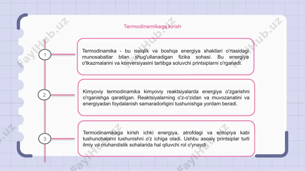 ini va hajmini bashorat qilish uchun hal qiluvchi ahamiyatga ega. tizimlarning barqarorligi va muvozanatini belgilashda entalallik va entropiya o'zgarishlari muhim rol o'ynaydi. 1 2 3 termodinamik qonun va printsiplar termodinamika - bu kimyoviy tizimlarda energiya va issiqlikni uzatish. bu ushbu jarayonlarni boshqaradigan qonunlar va printsiplarni qamrab oladi. termodinamika qonunlari, shu jumladan birinchi va ikkinchi qonunlar, energiya almashish va kimyoviy reaktsiyalarga aylanishi uchun asos yaratadi. kimyoviy termodinamikalarda kimyoviy reaktsiyalarning o'z-o'zidan va muvozanatiga tushuncha beradigan ushbu jarayonlarning miqdoriy jihatlarini yanada kuchaytiradi. kimyoviy termodinamikaga ariza berish kimyoviy termodinamika energetika jarayonlarida energiya uzatilishi va o'zgarishlarga asoslanib, muhandislik jarayonlarida hal qiluvchi rol o'ynaydi. bu reaktsiya natijalarini bashorat qilish va samaradorlik uchun reaktsiyalarni optimallashtirishga yordam beradi. kimyoviy reaktsiyalarda energiya o'zgarishlarini tartibga soluvchi asosiy printsiplarni tushunishda termodinamik yordam beradi. bu muhandislarga kerakli natijalarni maksimal darajada oshirishda minimal energiya iste'moli bilan jarayonlarni ishlab chiqishga imkon beradi. kimyoviy termodinamnamikaga oid arizalari kimyoviy ishlab chiqarish jarayonlarini optimallashtirish uchun samarali yoqilg'i …
