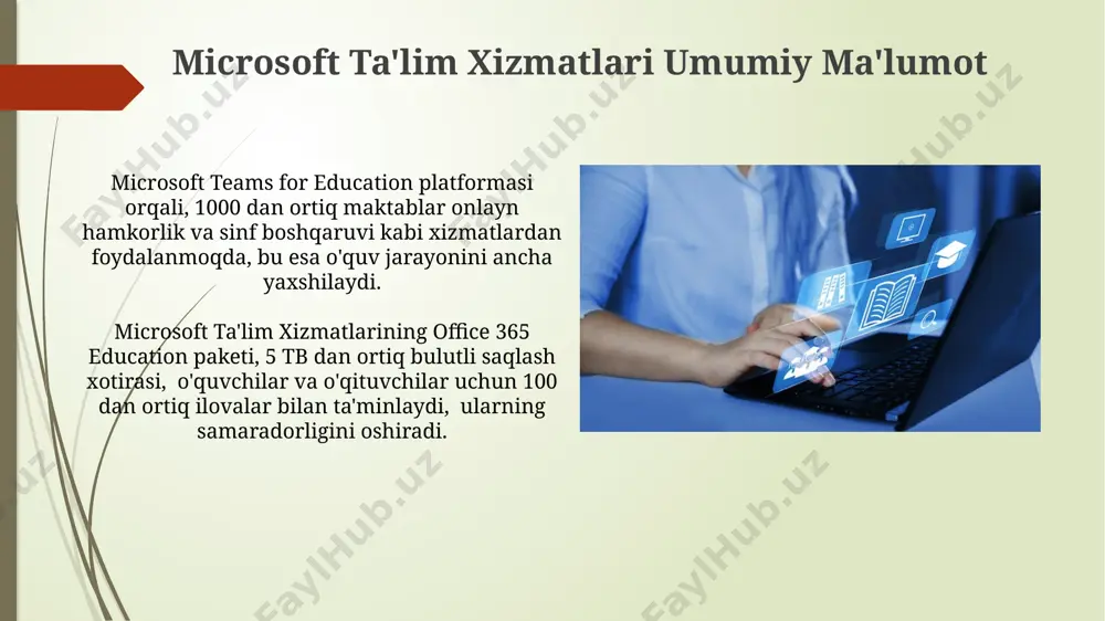 iyalarini taqdim etishda, 500 dan ortiq foydalanuvchi uchun maxsus narxlar va qo'shimcha resurslar mavjud. o'quvchilar uchun foydali xususiyatlar "microsoft teams" platformasi orqali o'quvchilar guruhlarda 24/7 hamkorlik qilib, loyihalar ustida ishlashlari, 500mb gacha fayllarni almashishlari va onlayn darslarga qatnashishlari mumkin. microsoft education-ning o'quvchilar uchun taqdim etadigan 100 dan ortiq bepul onlayn kurslari mavjud bo'lib, ular turli fanlar bo'yicha bilim va ko'nikmalarni rivojlantirishga yordam beradi. qo'llab-quvvatlash va yordam microsoft education qo'llab-quvvatlash guruhi mijozlarga individual yordam ko'rsatish uchun 3 ta darajadagi qo'llab-quvvatlash tizimini taklif etadi, shu jumladan mutaxassislar bilan bog'lanish imkoniyatini ham beradi. microsoftning "ta'lim" portali orqali 1000 dan ortiq maqola va video qo'llanmalar mavjud bo'lib, ular foydalanuvchilarga turli xil texnik muammolarni mustaqil hal qilishda yordam beradi. teams for education microsoft teams integratsiyalashgan "shifrlash" mexanizmi orqali, o'quvchilar va o'qituvchilarning ma'lumotlarini himoya qilib, xavfsizlik darajasini 256-bit aes shifrlash kaliti bilan ta'minlaydi. microsoft teams ta'lim muhiti 1 tb gacha bulutli saqlash xotirasi va 100 000 …