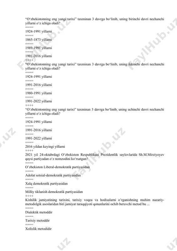 illarni ++++ 2021 yil 24-oktabrdagi o‘zbekiston respublikasi prezidentlik saylovlarida sh.m.mirziyoyev qaysi partiyadan o‘z nomzodini ko‘rsatgan? ==== o’zbekiston liberal-demokratik partiyasidan ==== adolat sotsial-demokratik partiyasidan ==== xalq demokratik partiyasidan ==== milliy tiklanish demokratik partiyasidan ++++ kishilik jamiyatining tarixini, tarixiy voqea va hodisalarni o’rganishning muhim nazariy-metodolgik asoslaridan biri jamiyat taraqqiyoti qonunlarini ochib beruvchi metod bu ... ==== dialektik metoddir ==== tarixiy metoddir ==== xolislik metodidir ==== qiyosiy metoddir ++++ tarixni o’rganishda uzviylik va davriylik tarixni o’rganishning qaysi metodologiyasiga kiradi? ==== qiyosiylik metodoligiyasiga ==== tarixiylik metodologiyasiga ==== uzviylik metodologiyasiga ==== dialektik metodologiyasiga ++++ o’zbekiston tarixini ilmiy davrlashtirishga ko’ra tariximiz nechta katta davrga bo’linadi? ==== 6 ta davrga ==== 5 ta davrga ==== 4 ta davrga ==== 3 ta davrga ++++ o’zbekiston tarixini ilmiy davrlashtirishga ko’ra tariximizning birinchi davri qaysi davrlarni o‘z ichiga oladi? ==== eng qadimgi davrlardan milodiy v asrgacha bo‘lgan davrlarni o‘z ichiga oladi ==== milodiy v asrdan xix asr ikkinchi yarmigacha bo‘lgan …