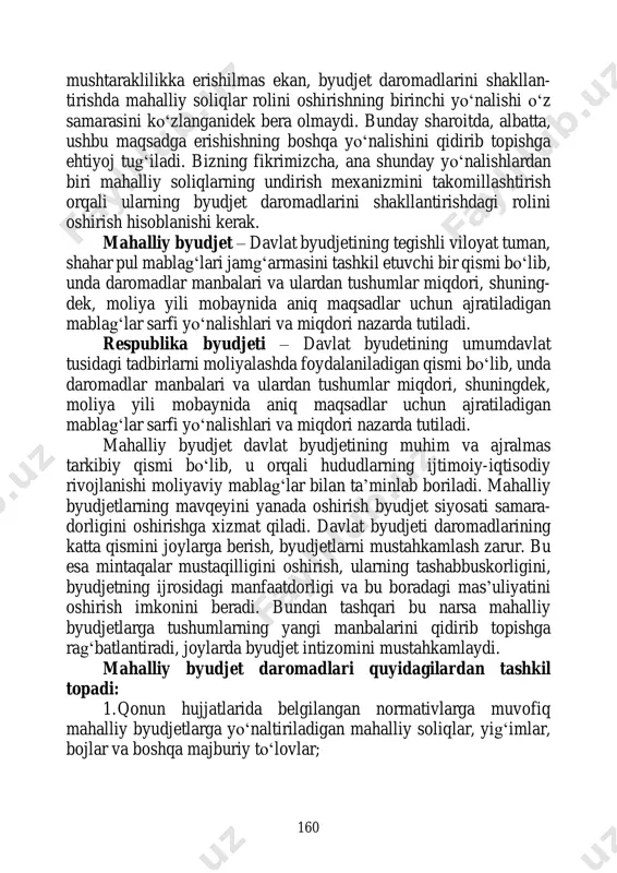 kka erishilmas ekan, byudjet daromadlarini shakllan- tirishda mahalliy soliqlar rolini oshirishning birinchi yo‘nalishi o‘z samarasini ko‘zlanganidek bera olmaydi. bunday sharoitda, albatta, ushbu maqsadga erishishning boshqa yo‘nalishini qidirib topishga ehtiyoj tug‘iladi. bizning fikrimizcha, ana shunday yo‘nalishlardan biri mahalliy soliqlarning undirish mexanizmini takomillashtirish orqali ularning byudjet daromadlarini shakllantirishdagi rolini oshirish hisoblanishi kerak. mahalliy byudjet – davlat byudjetining tegishli viloyat tuman, shahar pul mablag‘lari jamg‘armasini tashkil etuvchi bir qismi bo‘lib, unda daromadlar manbalari va ulardan tushumlar miqdori, shuning- dek, moliya yili mobaynida aniq maqsadlar uchun ajratiladigan mablag‘lar sarfi yo‘nalishlari va miqdori nazarda tutiladi. respublika byudjeti – davlat byudetining umumdavlat tusidagi tadbirlarni moliyalashda foydalaniladigan qismi bo‘lib, unda daromadlar manbalari va ulardan tushumlar miqdori, shuningdek, moliya yili mobaynida aniq maqsadlar uchun ajratiladigan mablag‘lar sarfi yo‘nalishlari va miqdori nazarda tutiladi. mahalliy byudjet davlat byudjetining muhim va ajralmas tarkibiy qismi bo‘lib, u orqali hududlarning ijtimoiy-iqtisodiy rivojlanishi moliyaviy mablag‘lar bilan ta’minlab boriladi. mahalliy byudjetlarning mavqeyini yanada oshirish byudjet …