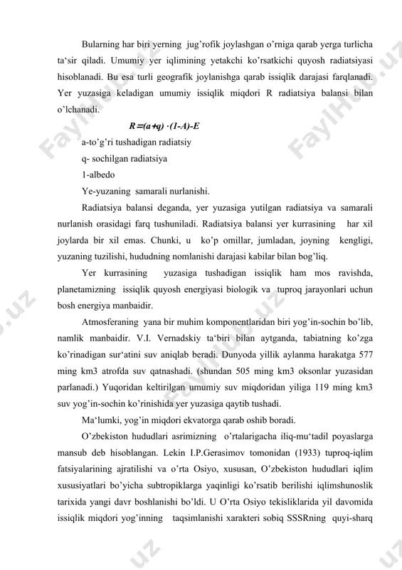 ta osiyo hududlarida atmosfera yog’inlarining miqdori nihoyatda notekis bo’lib, bu tog’ tizimlarining joylanishi, qiyaliklar ekspozitsiyasi va orfografiyasining boshqa xususiyatlari bilan bog’liq. sahro mintaqasida yillik yog’in miqdori 100 mm dan kam bo’lsa, tog’larga yaqinlashgan sari bu ko’rsatkich oshib boradi va baland tog’liklarda 1000 mm ni tashkil etadi. o’rta osiyo uchun eng yuqori yog’in miqdori-1428 mm bo’lib, hoji-obi-garm rayonida yog’adi. namlik va quyosh radiatsiyasi tuproqqa ta‘sir qilib, ularning asosiy xususiyatlaridan biri-gidrotermik rejimni vujudga keltiradi. tuproqshunoslik amaliyotida tuproq suv rejimining omili iqlim xarakteristikasi ekanligi g.i.visotskiy tomonidan ko’rsatilgan. u hududlarning jamlanish koeffitsienti haqidagi tushunchani kiritdi. bu koeffitsienti ma‘lum bir davr yog’in yig’indisining (omm) parlanishga (vmm) bo’lgan nisbatidir. namlanish koeffitsienti o’rmon mintaqasida 1,38 o’rmon-dasht-1,0, dasht-0,67, quruq dasht-0,33, sahro-0,1-0,2 ga teng. quruqlikning suv bilan ta‘minlanishi va tuproq paydo bo’lishi xususiyatlari bo’yicha yer kurrasida qator yirik regionlarni ajratish mumkin. (m.i.budiko. 1968). iqlim regionlari yillik o’rtacha yog’in miqdori, mm namlanish koeffitsienti (yk) o’rta quruq (superraid) 10-20 0,1-0,2 quruq …