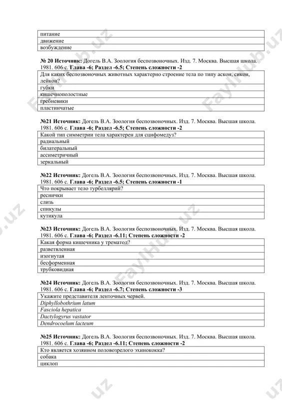 форменная трубковидная №24 источник: догель в.а. зоология беспозвоночных. изд. 7. москва. высшая школа. 1981. 606 с. глава -6; раздел -6.7; степень сложности -3 укажите представителя ленточных червей. diphyllobothrium latum fasciola hepatica dactylogyrus vastator dendrocoelum lacteum №25 источник: догель в.а. зоология беспозвоночных. изд. 7. москва. высшая школа. 1981. 606 с. глава -6; раздел -6.11; степень сложности -2 кто является хозяином половозрелого эхинококка? собака циклоп корова человек №26 источник: догель в.а. зоология беспозвоночных. изд. 7. москва. высшая школа. 1981. 606 с. глава -6; раздел -6.11; степень сложности -3 из каких мышечных тканей состоит мускулатура nematoda? гладких поперечно-полосатых кольцевых кольцевых диагональных №27 источник: догель в.а. зоология беспозвоночных. изд. 7. москва. высшая школа. 1981. 606 с. глава -6; раздел -6.6; степень сложности -3 что относится к выделительной системе нематод? фагоцитарные клетки протонефридии метанефридии максиллярные железы №28 источник: догель в.а. зоология беспозвоночных. изд. 7. москва. высшая школа. 1981. 606 с. глава -6; раздел -6.6; степень …